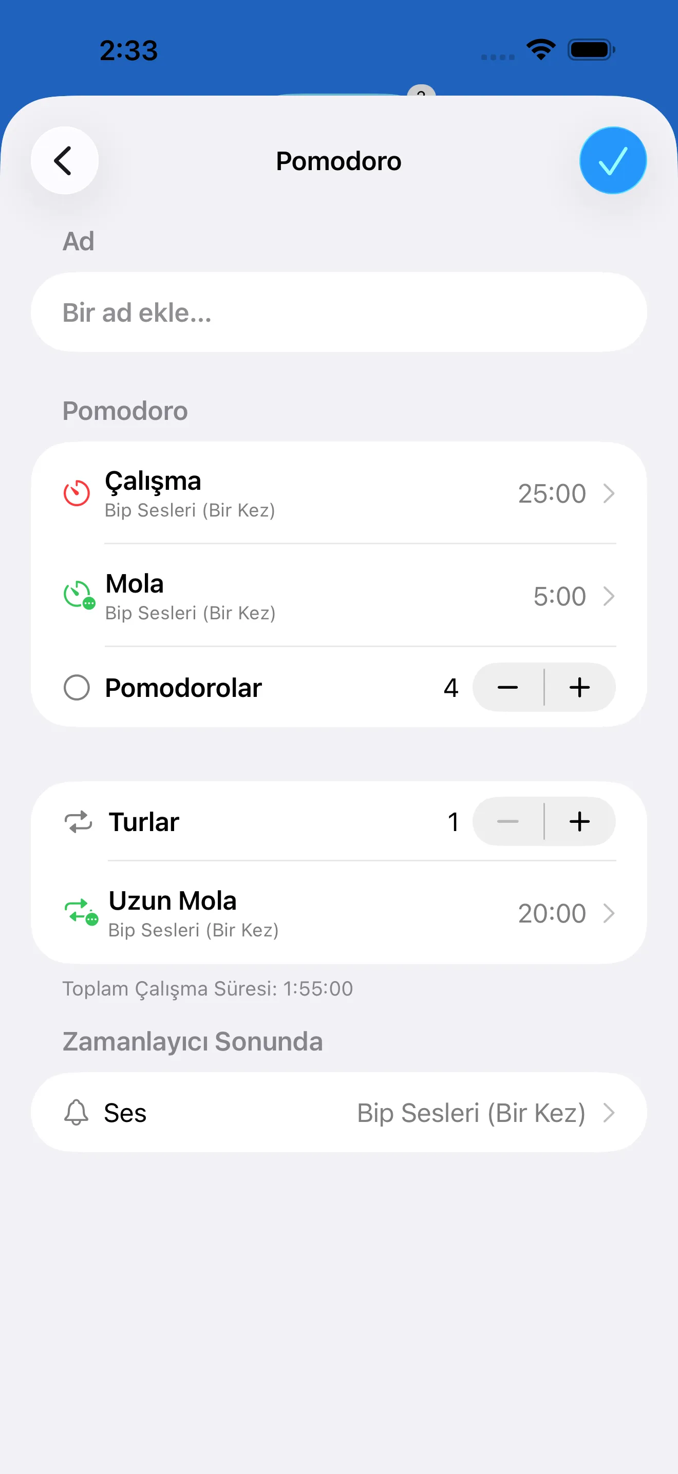 Pomodoro timer editor with work and break intervals