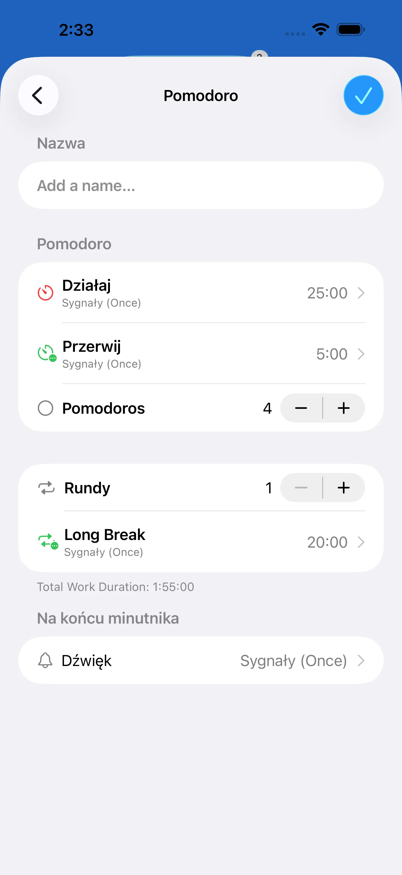 Pomodoro timer editor with work and break intervals