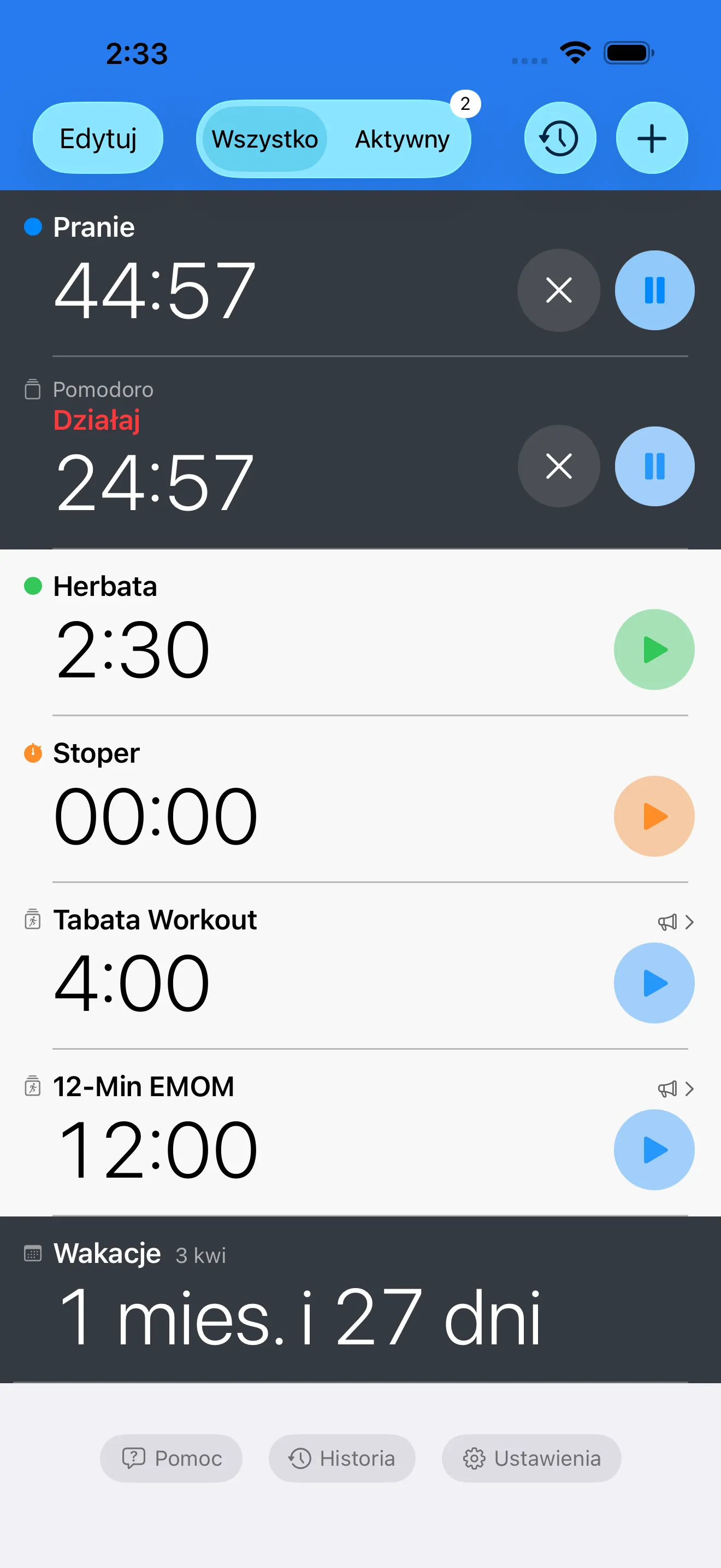 Timer list showing multiple active timers and a stopwatch