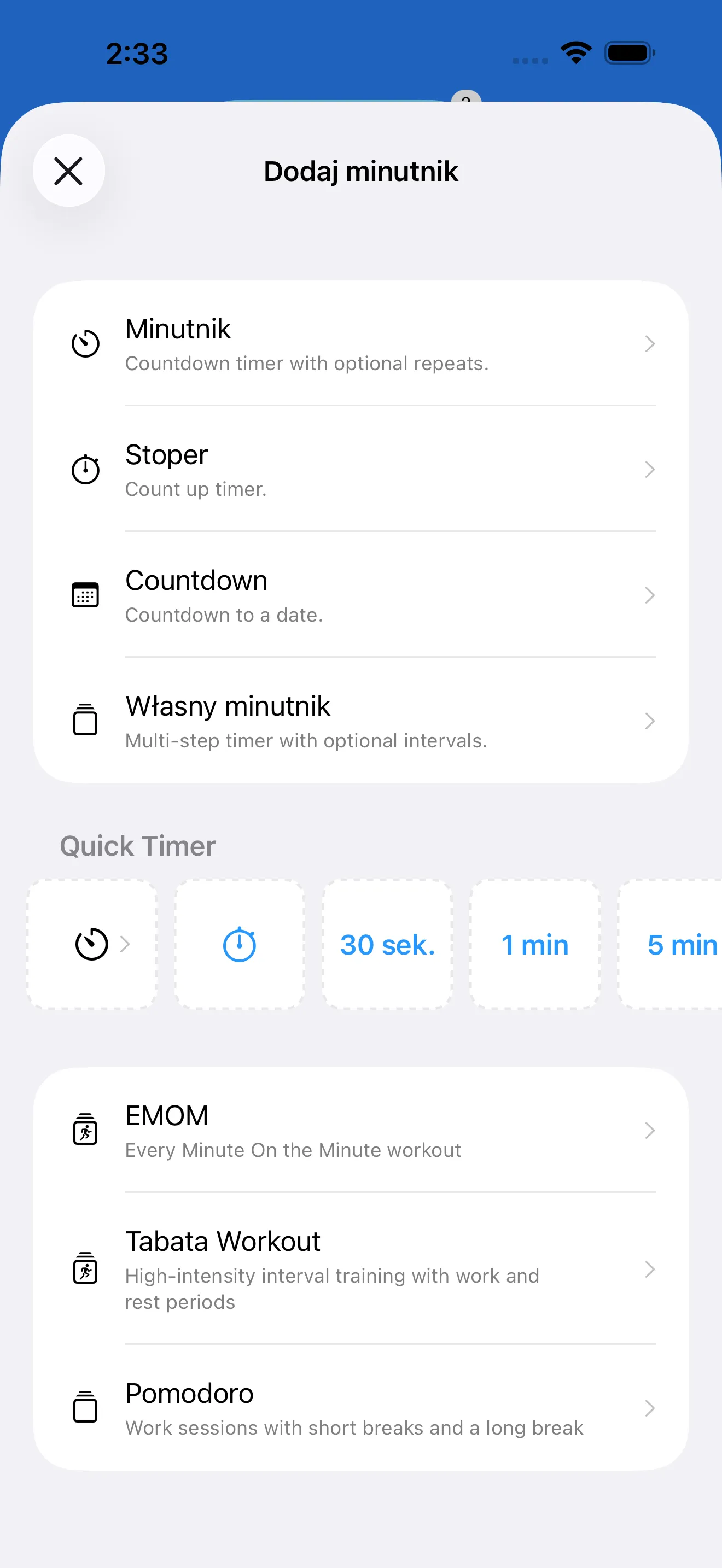 Timer catalog with ready-made timer templates