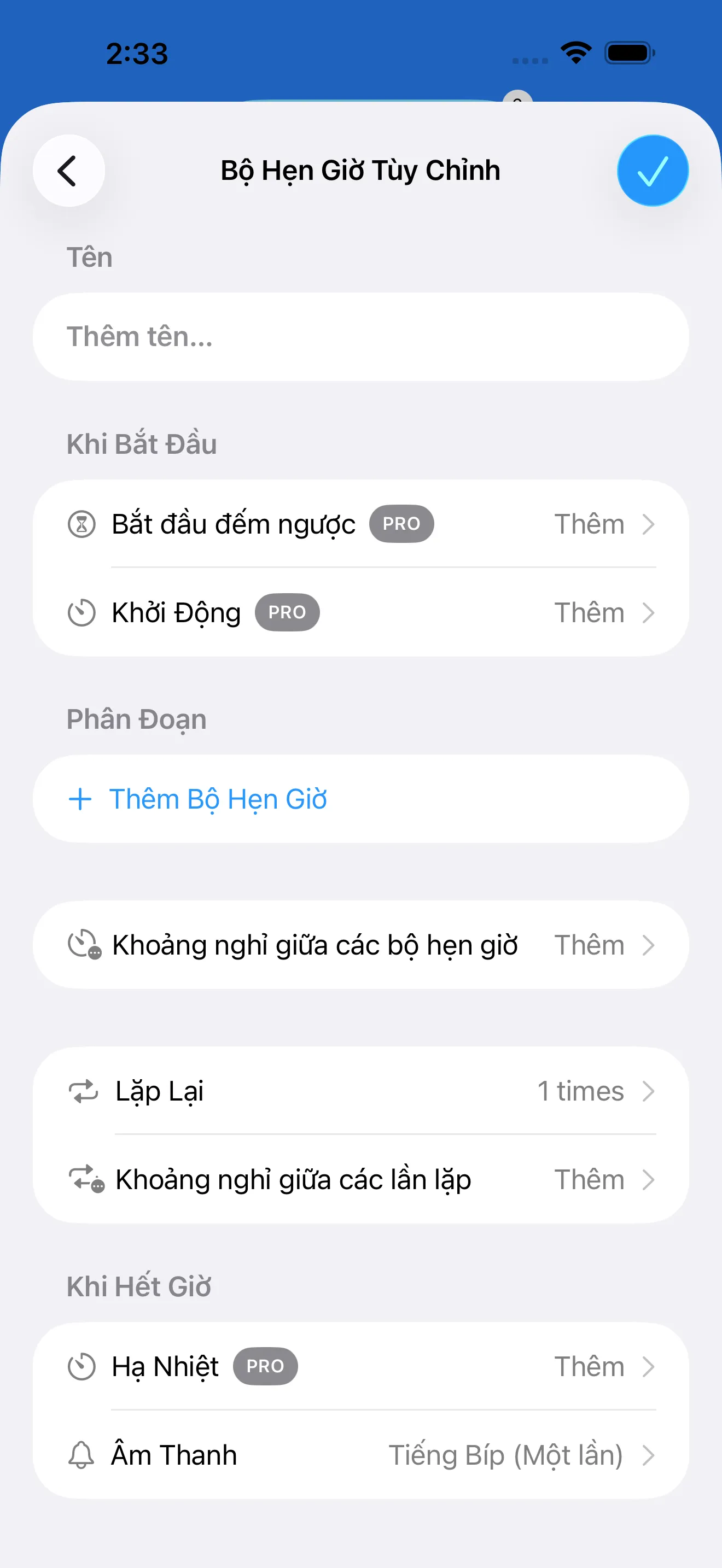 Custom interval timer editor with segment controls
