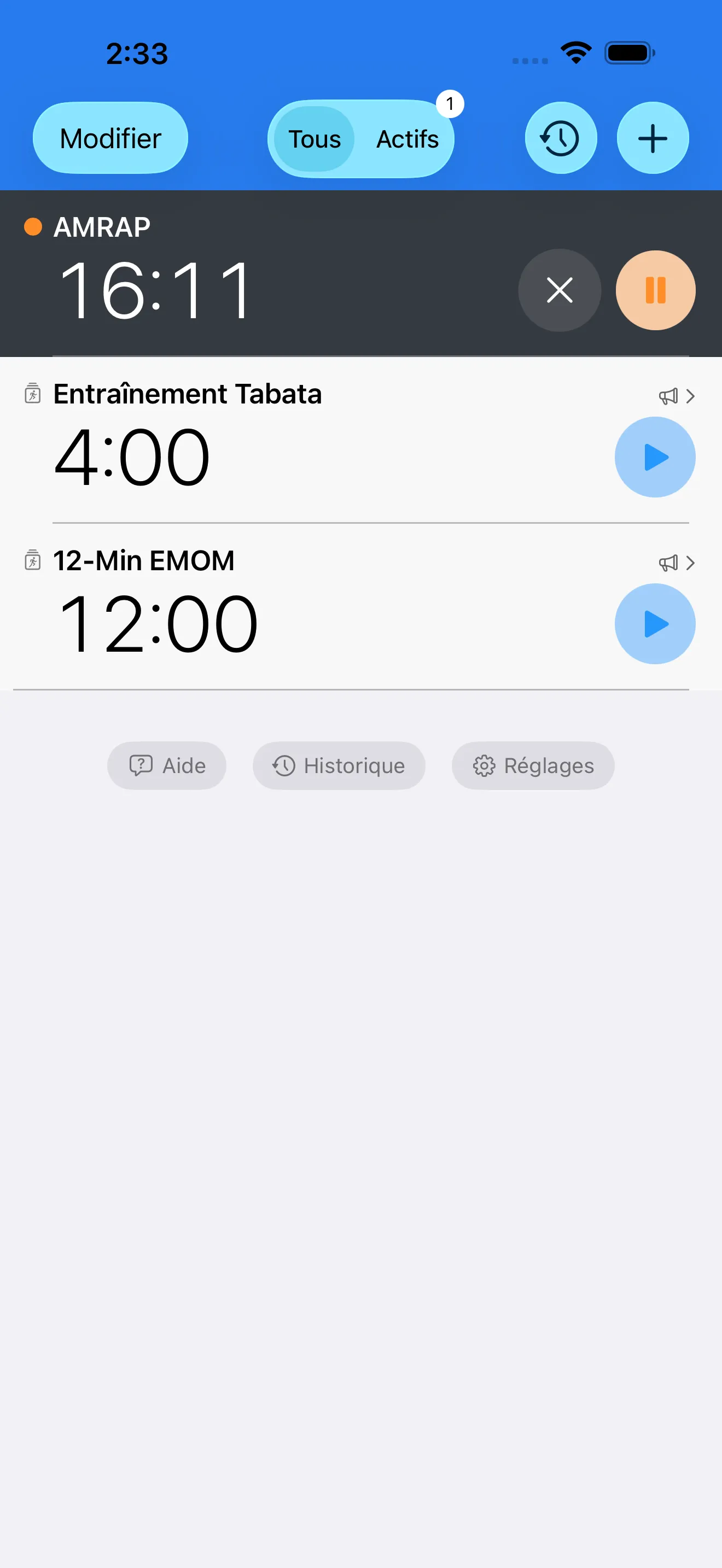 CrossFit timer list with EMOM, AMRAP, and Tabata presets