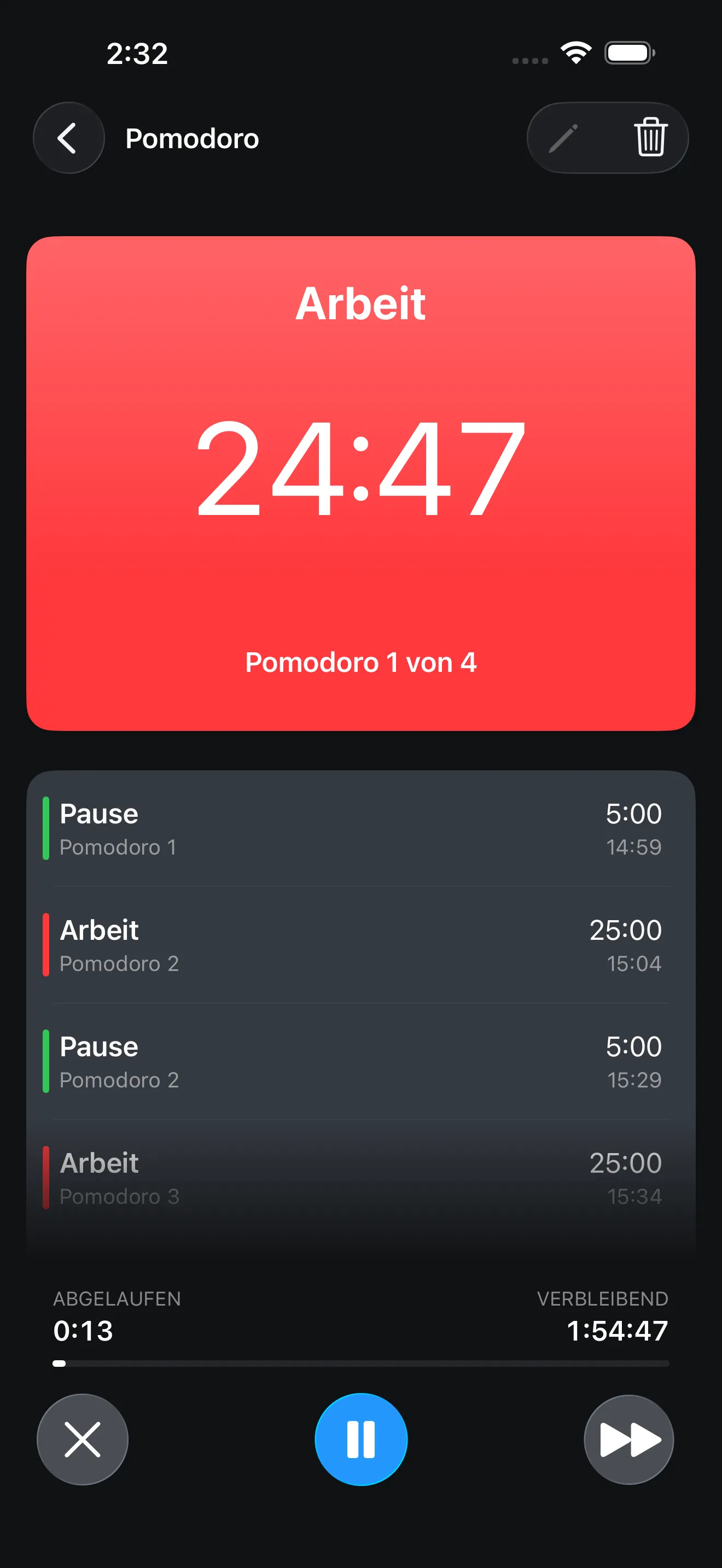 Pomodoro timer running in focus mode