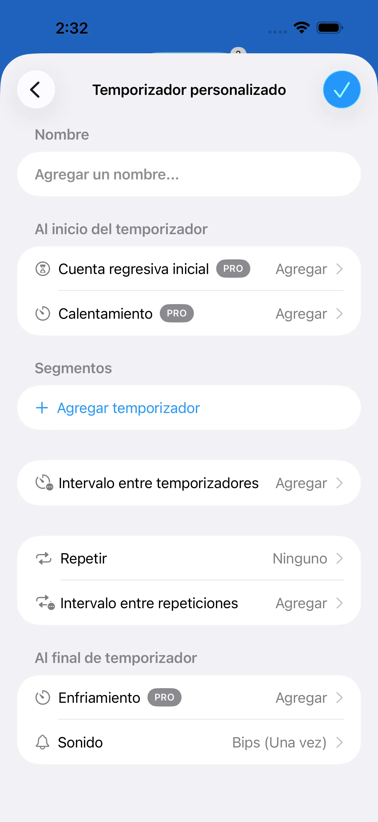 Custom interval timer editor with segment controls