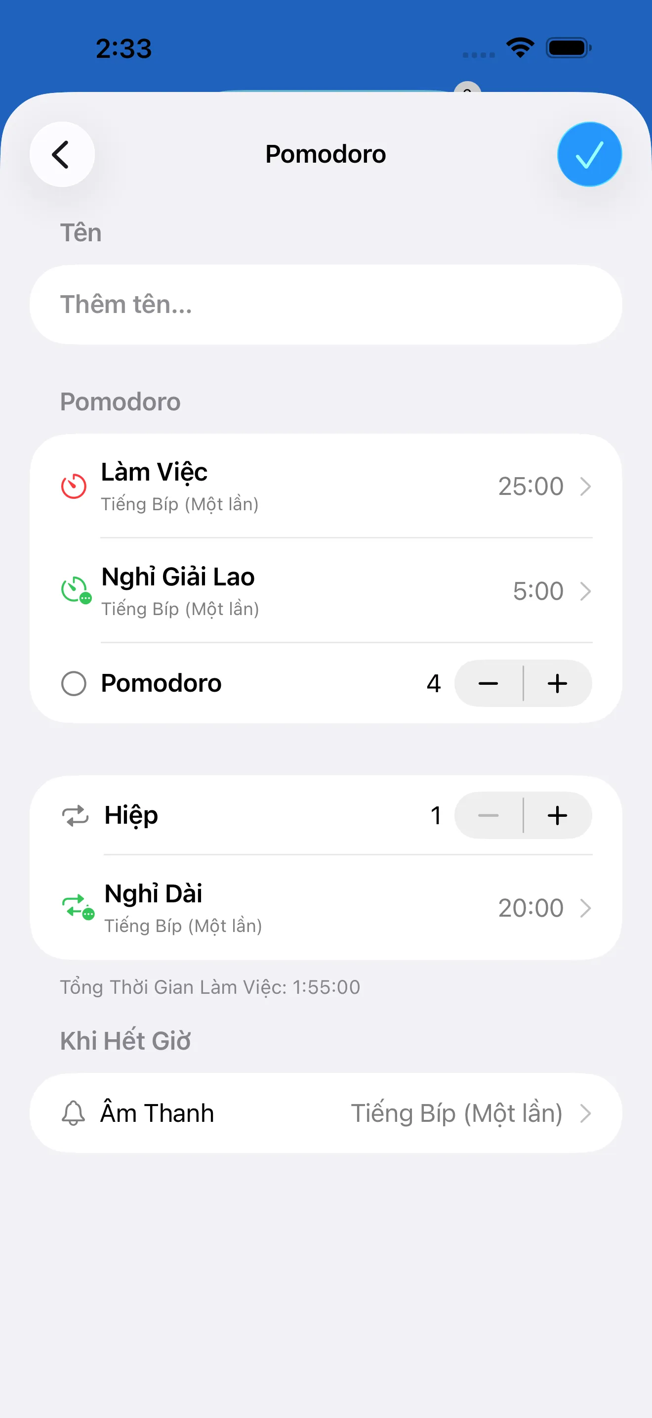 Pomodoro timer editor with work and break intervals