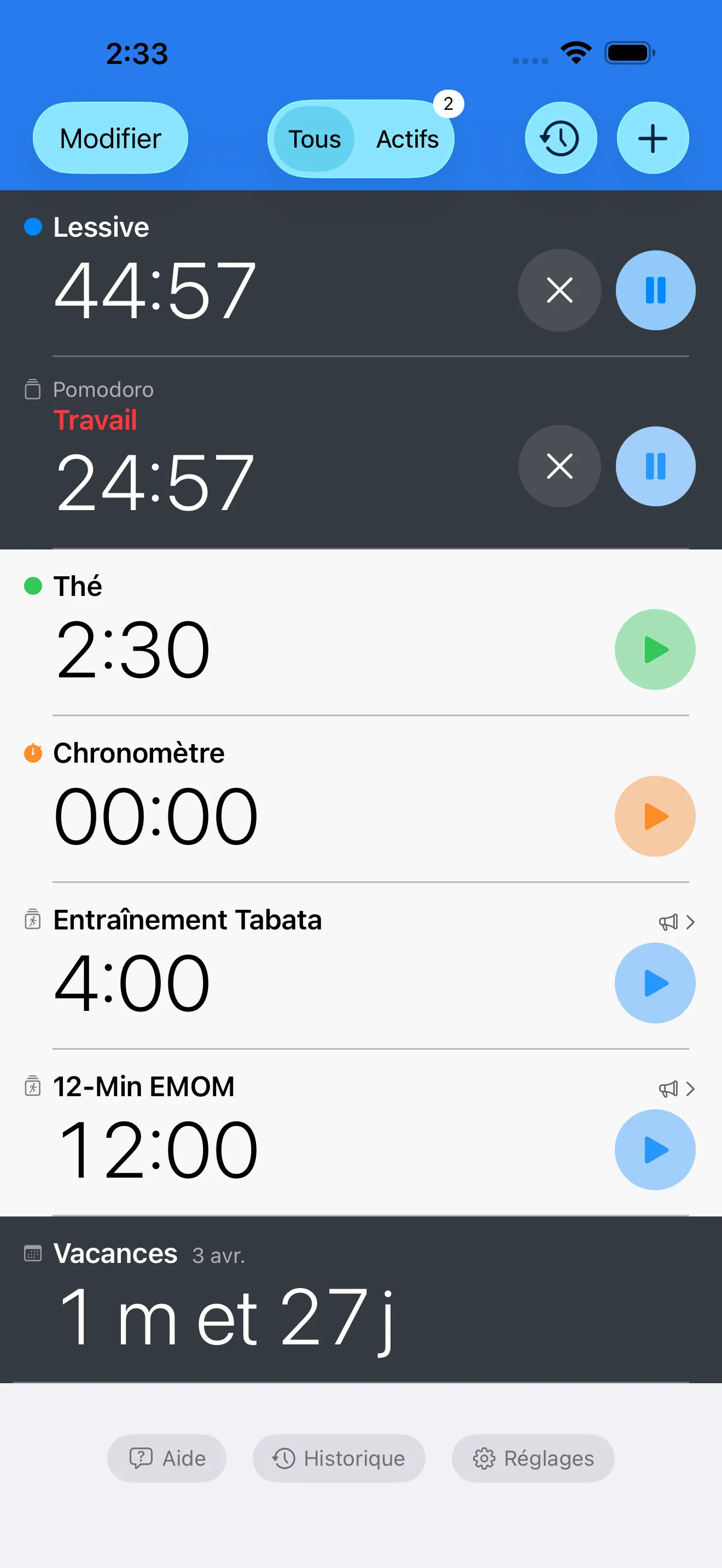 Timer list showing multiple active timers and a stopwatch