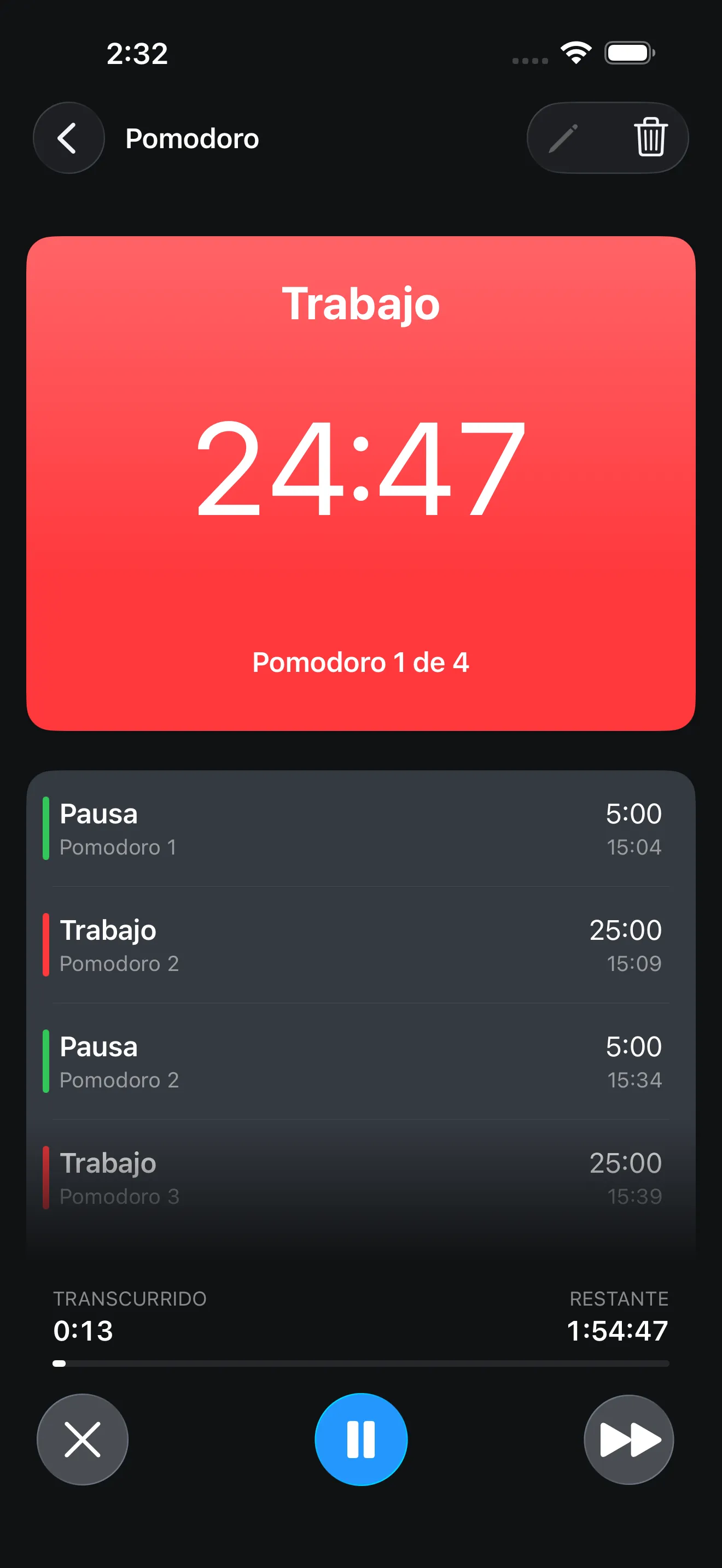 Pomodoro timer running in focus mode