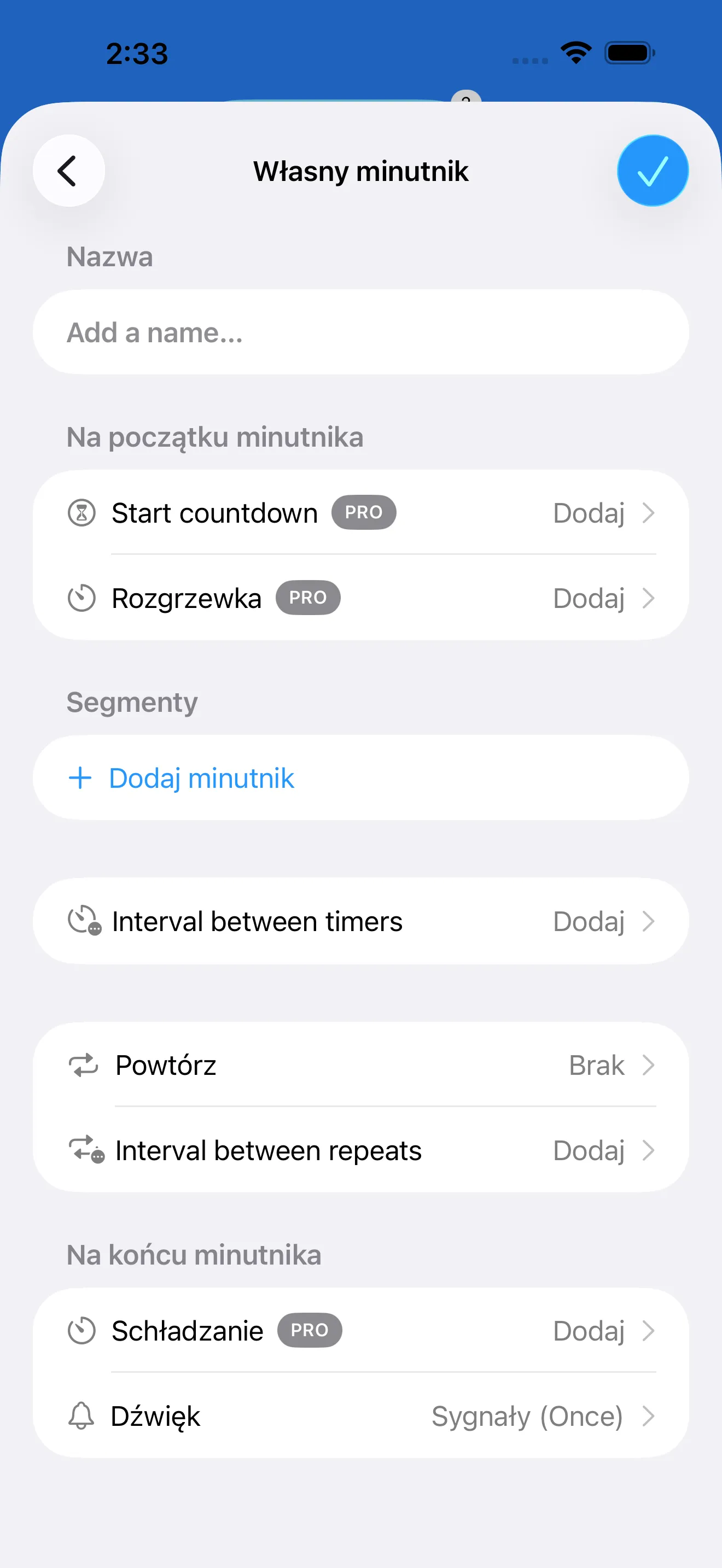 Custom interval timer editor with segment controls