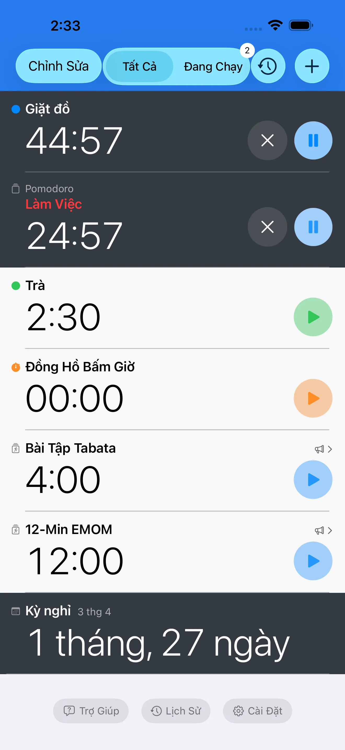 Timer list showing multiple active timers and a stopwatch
