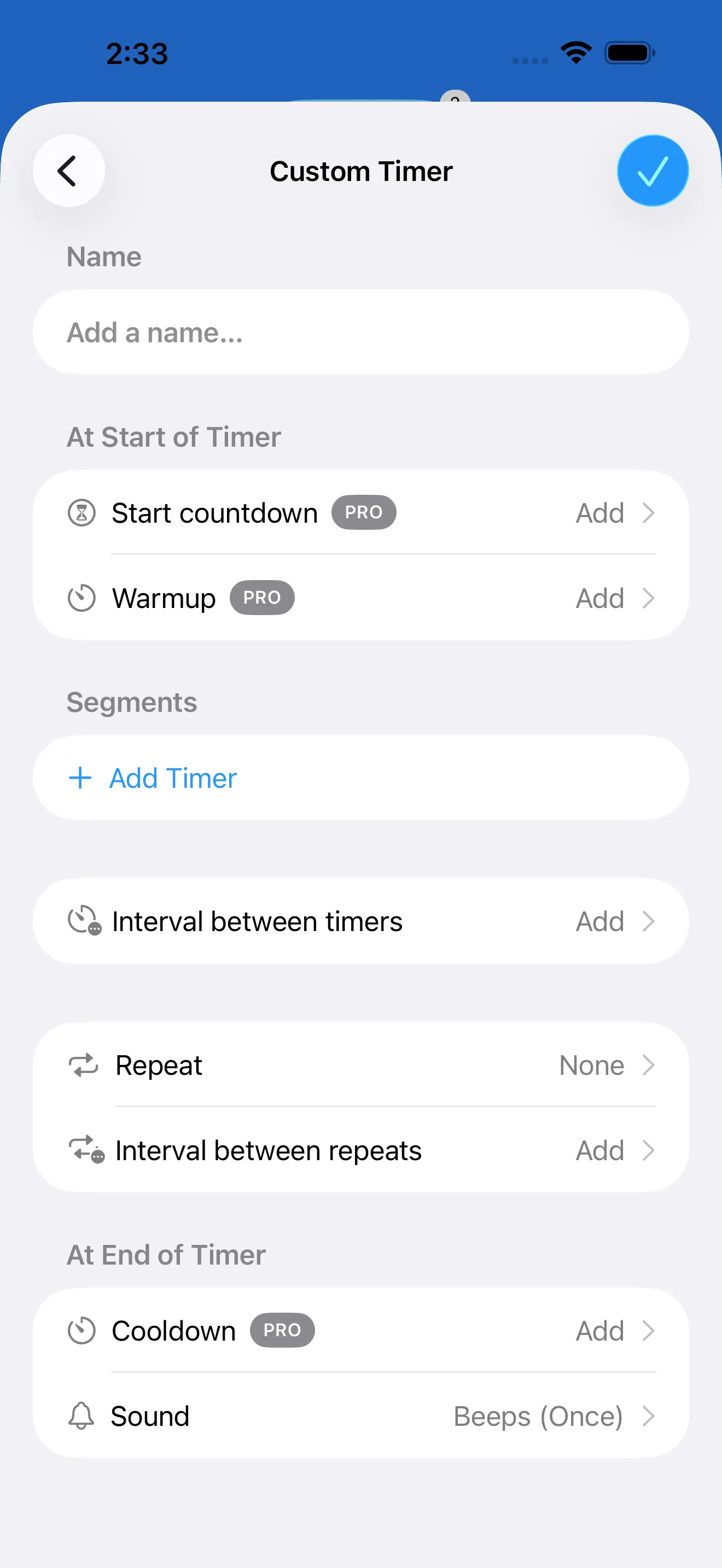 Custom interval timer editor with segment controls
