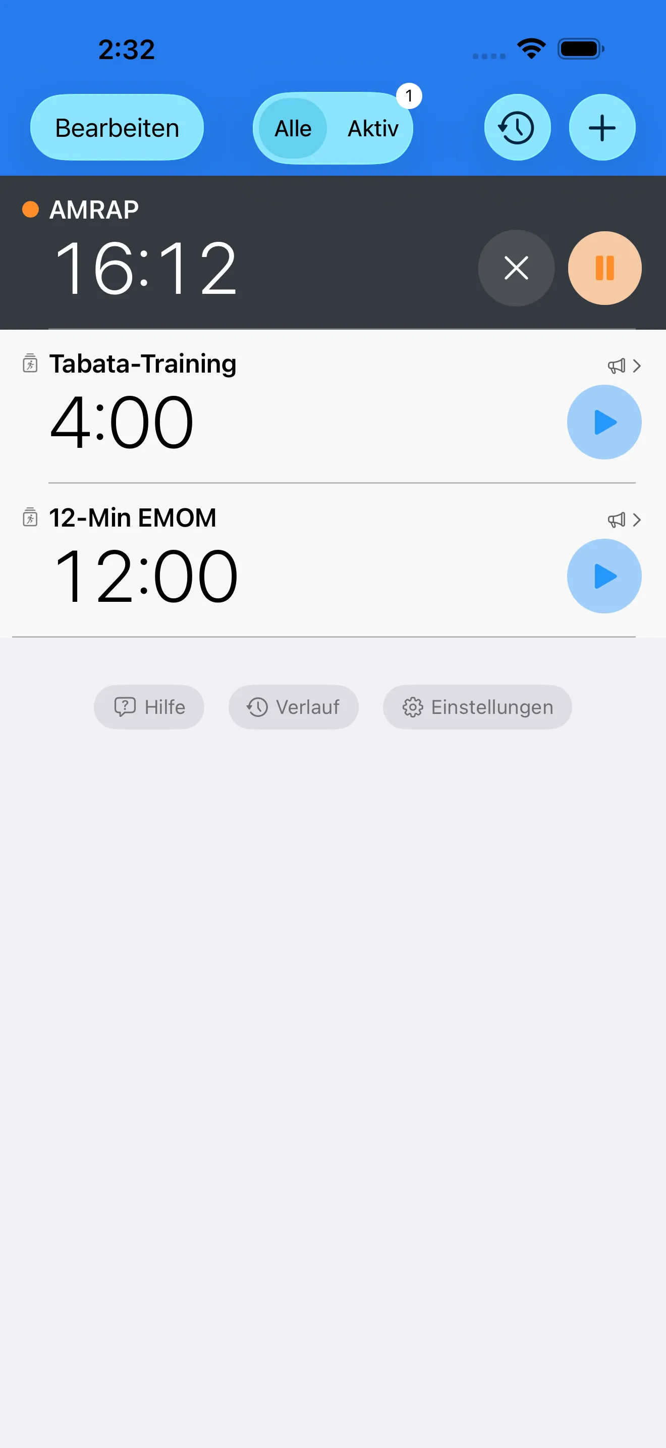 CrossFit timer list with EMOM, AMRAP, and Tabata presets