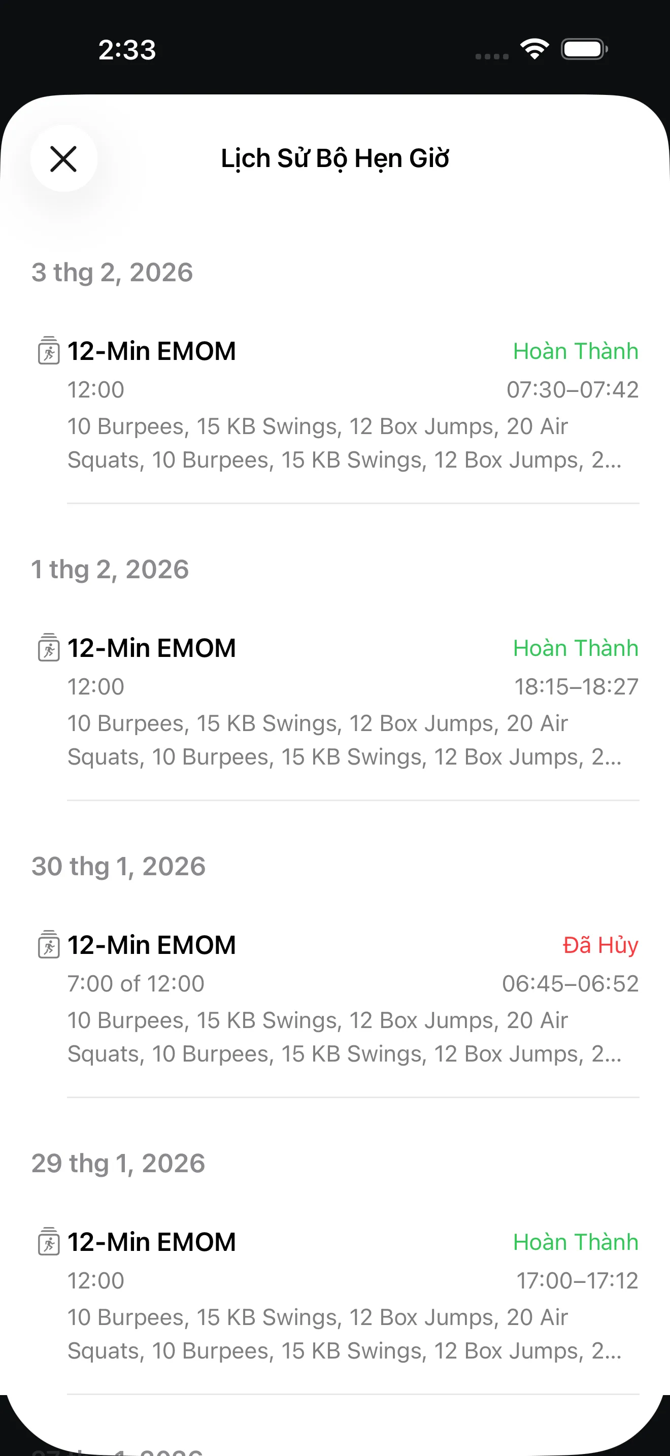 EMOM timer history view