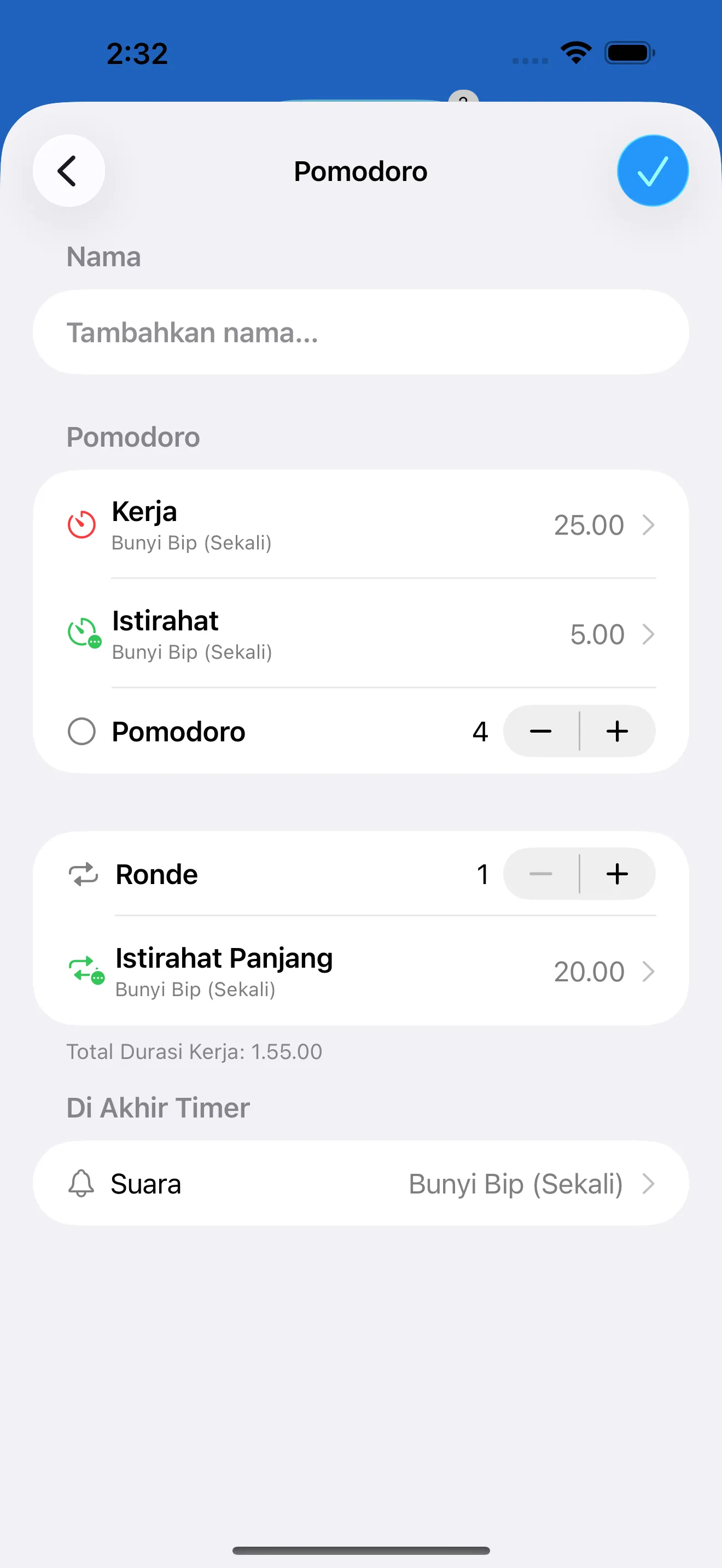 Pomodoro timer editor with work and break intervals