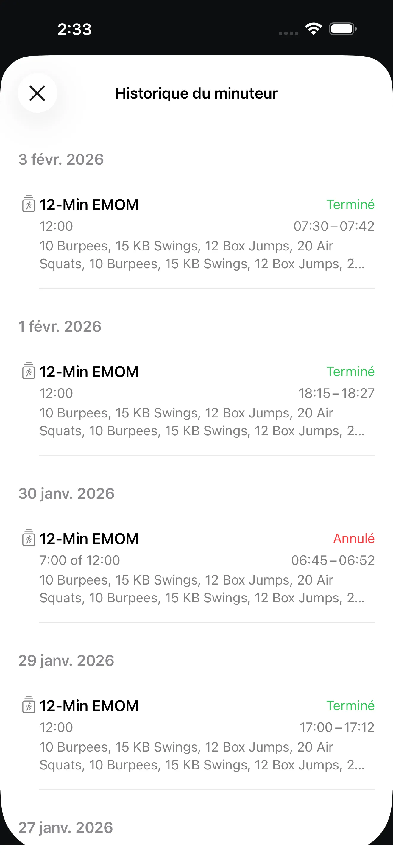 EMOM timer history view
