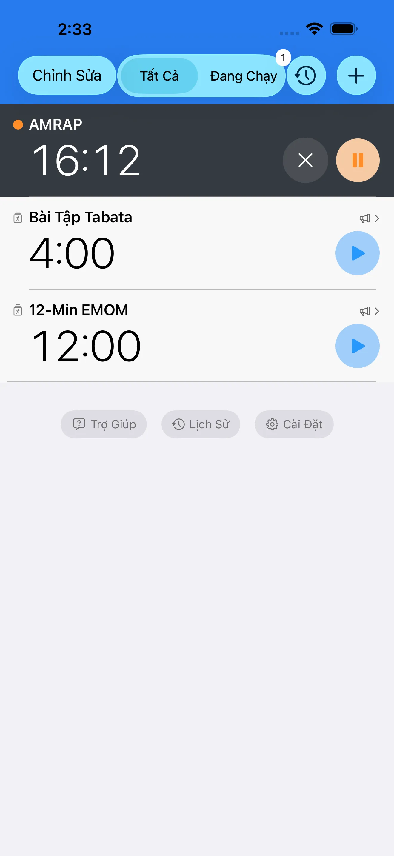 CrossFit timer list with EMOM, AMRAP, and Tabata presets