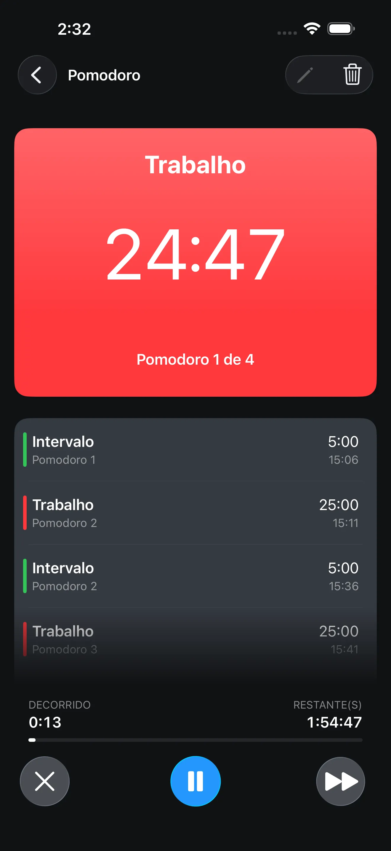 Pomodoro timer running in focus mode