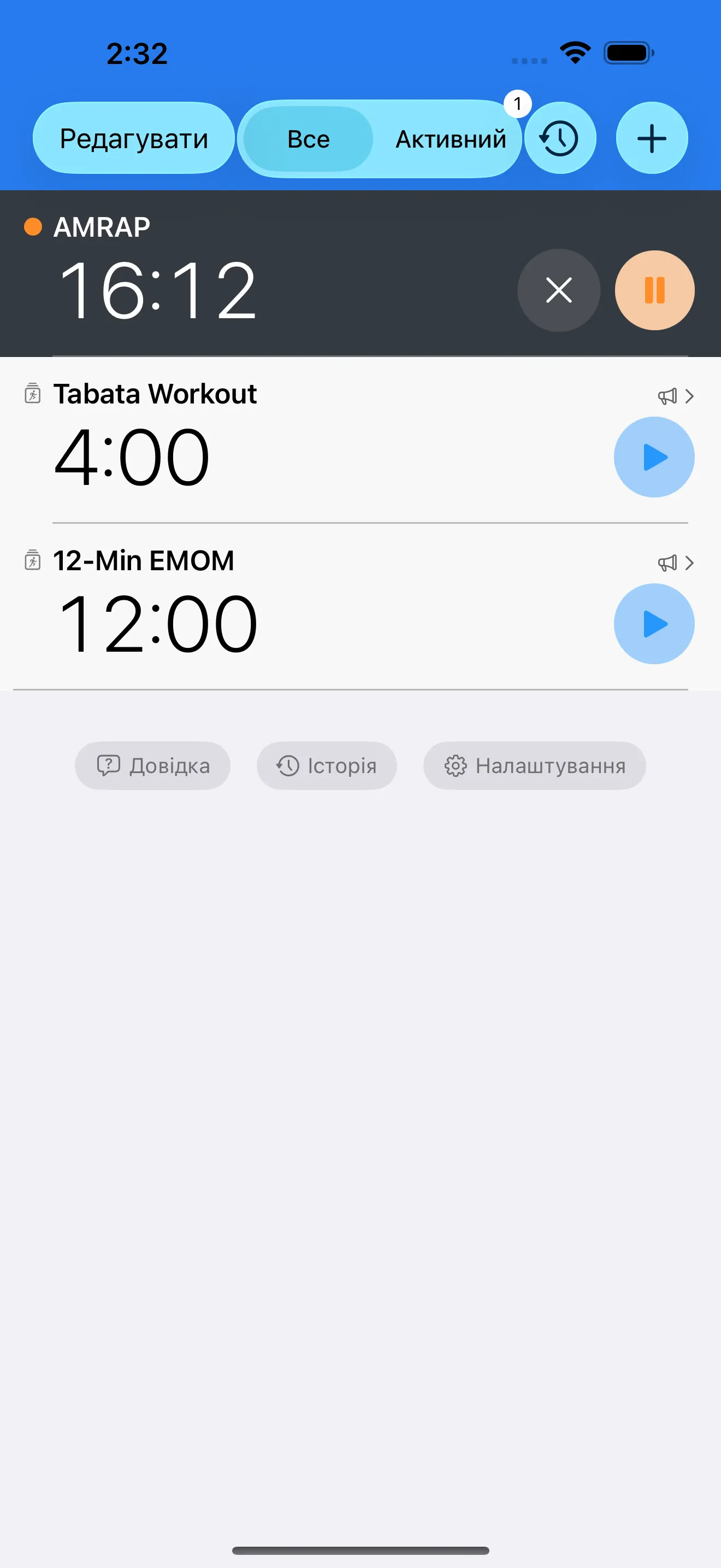 CrossFit timer list with EMOM, AMRAP, and Tabata presets