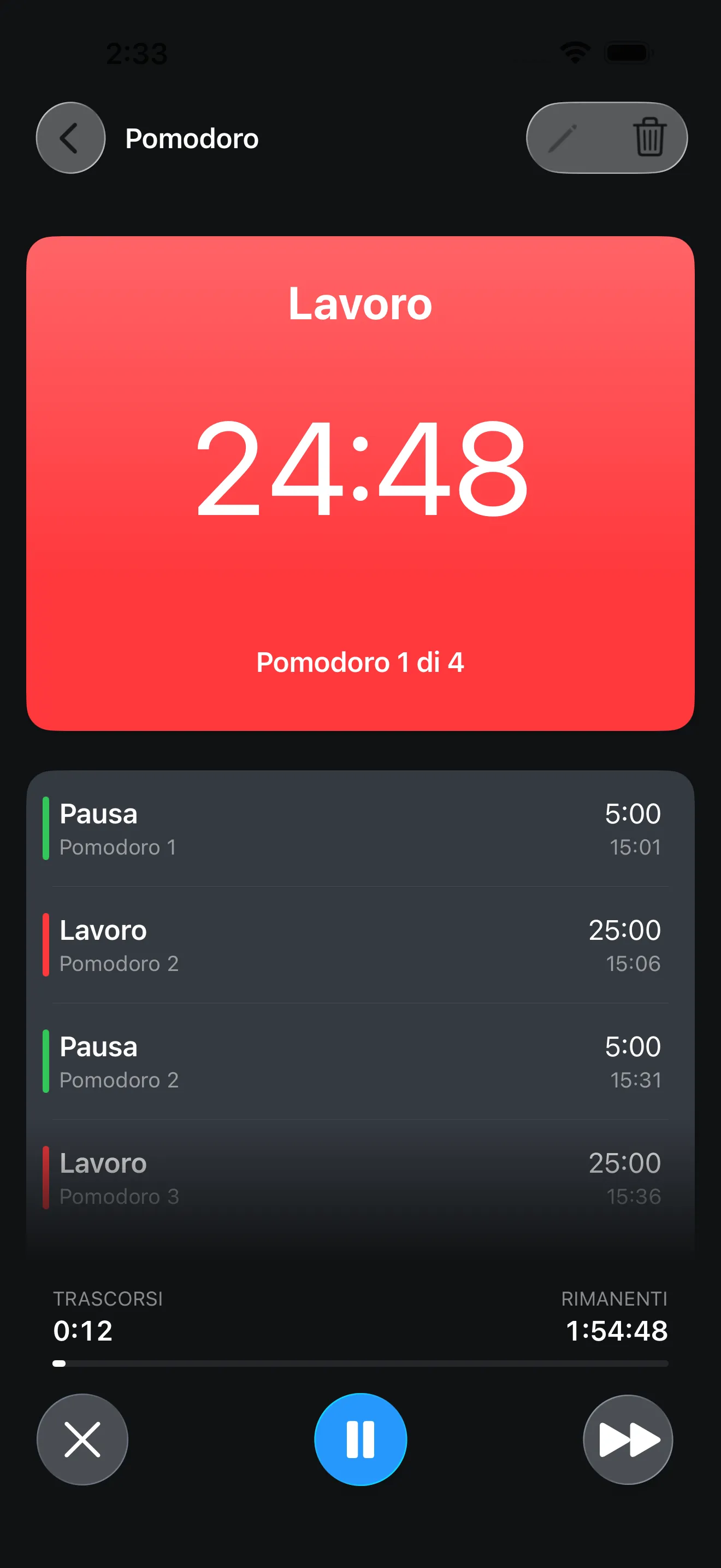 Pomodoro timer running in focus mode
