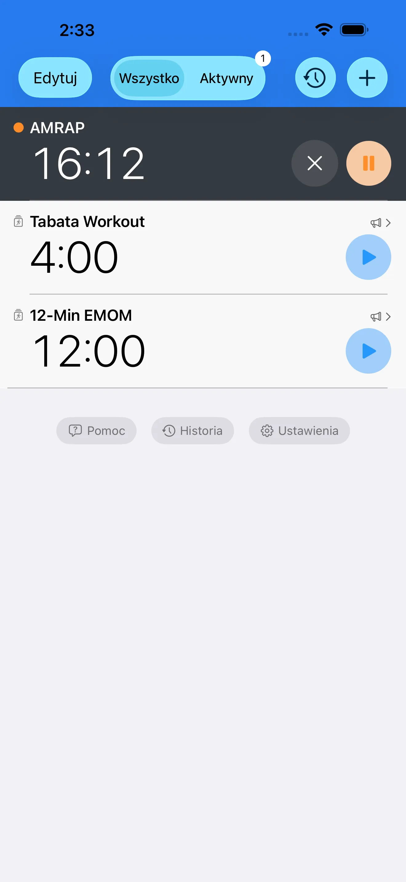 CrossFit timer list with EMOM, AMRAP, and Tabata presets