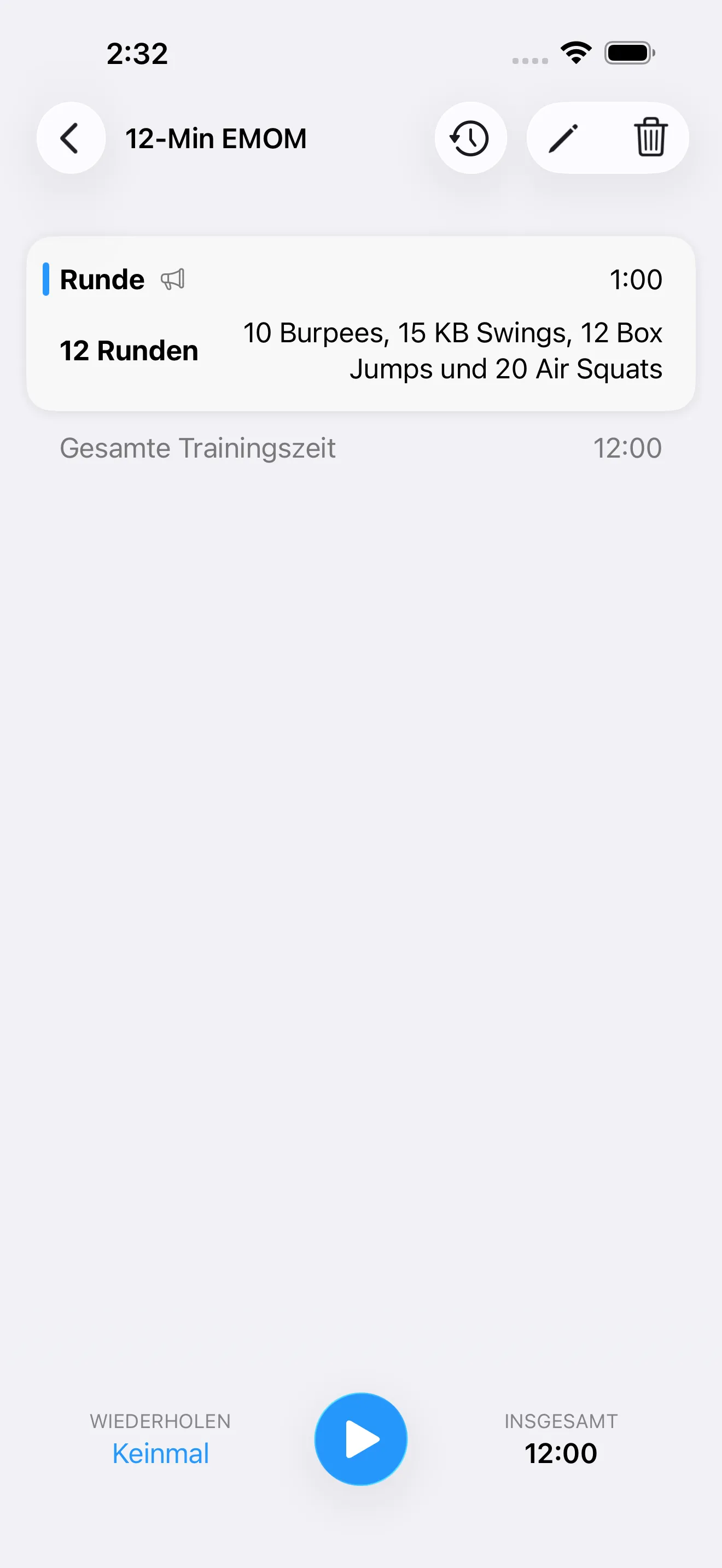 EMOM timer setup screen before starting