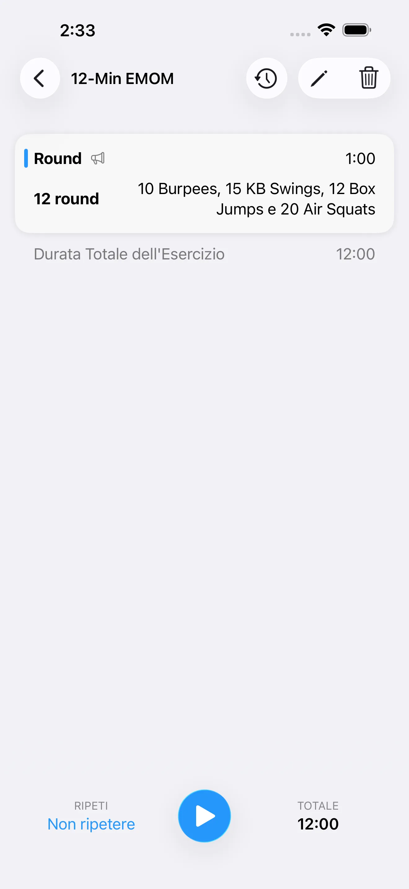 EMOM timer setup screen before starting