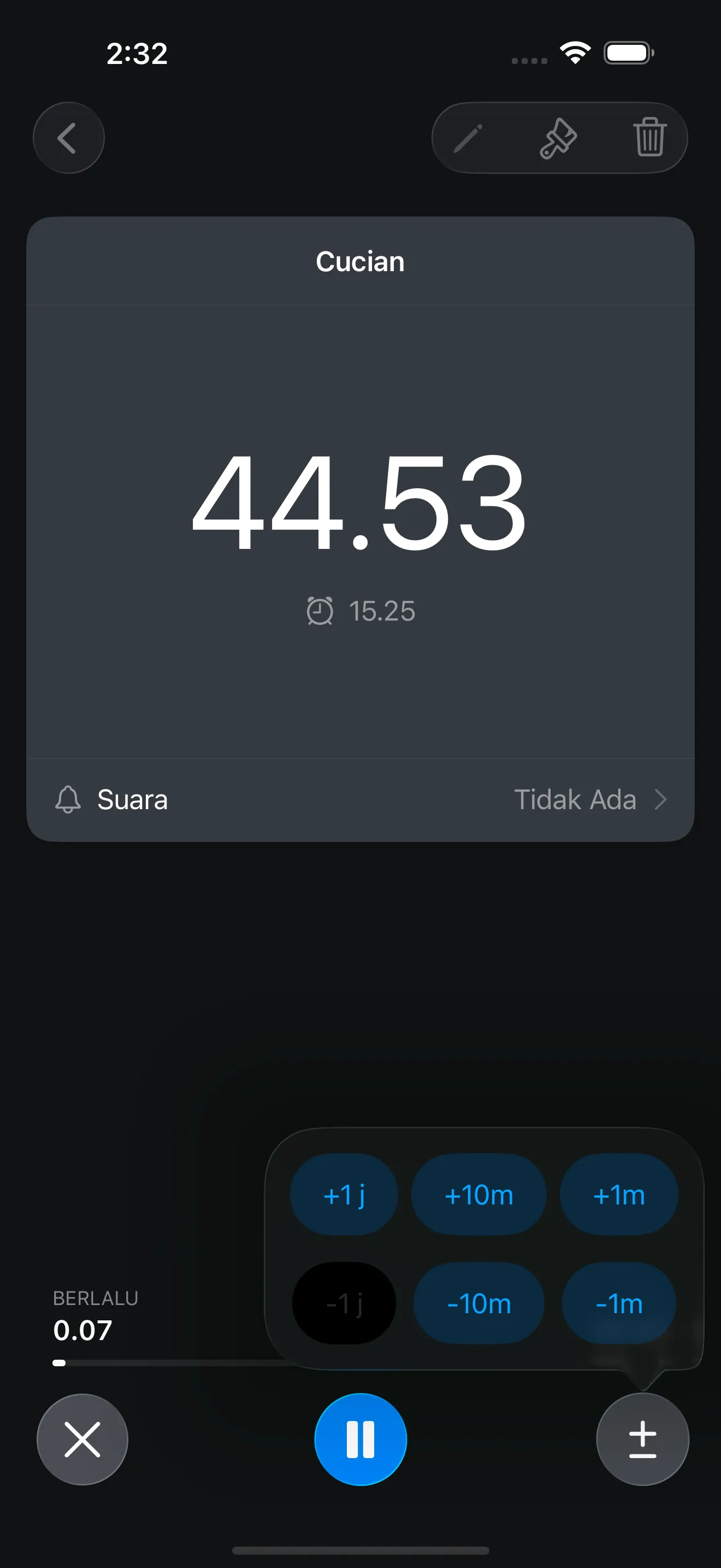 Countdown timer in progress while adjusting duration
