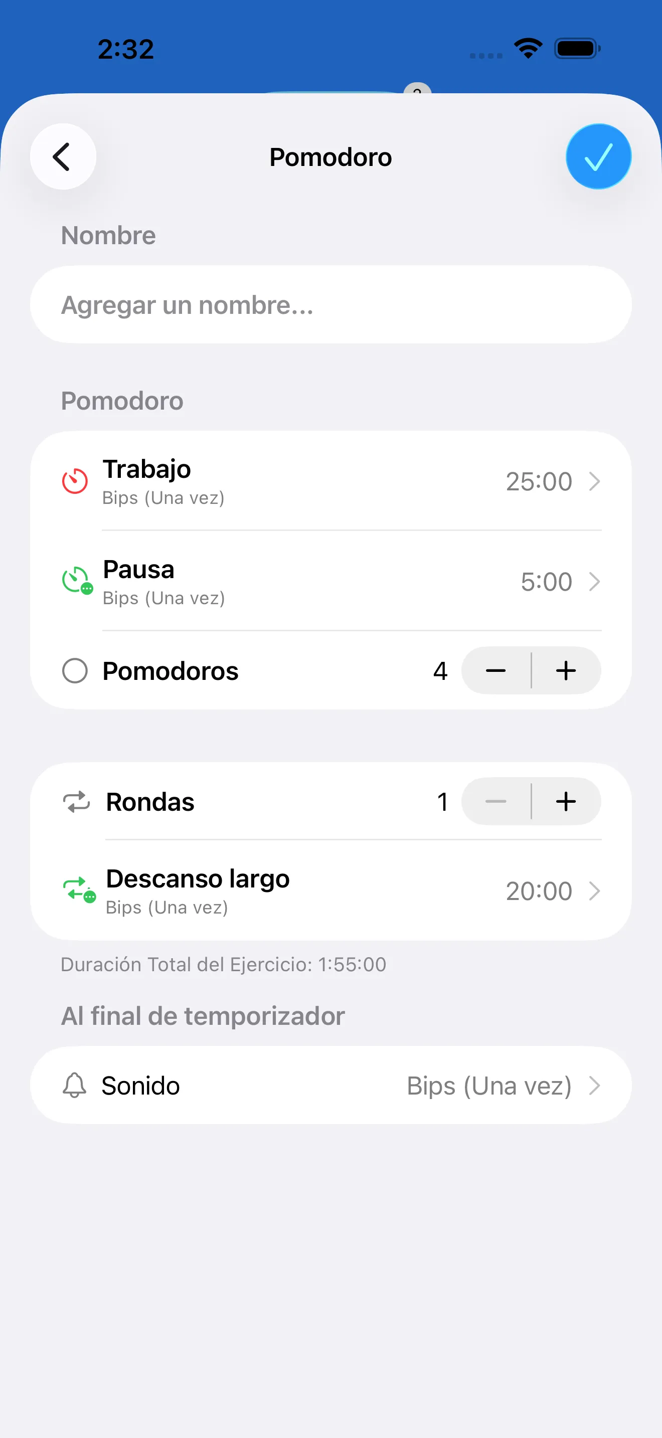Pomodoro timer editor with work and break intervals