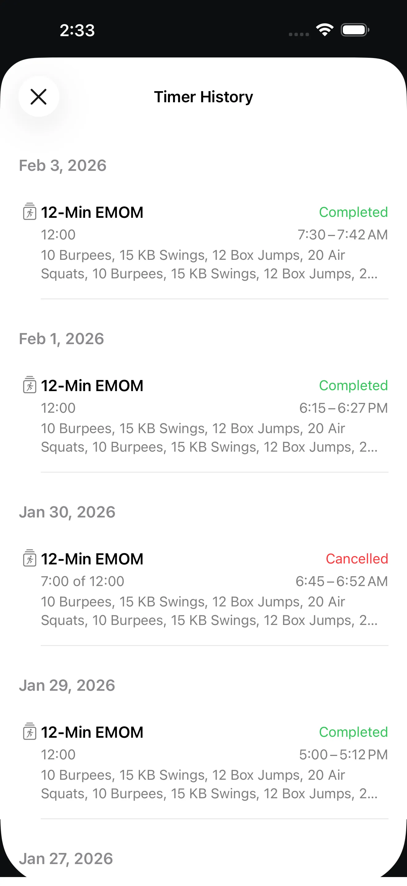 EMOM timer history view