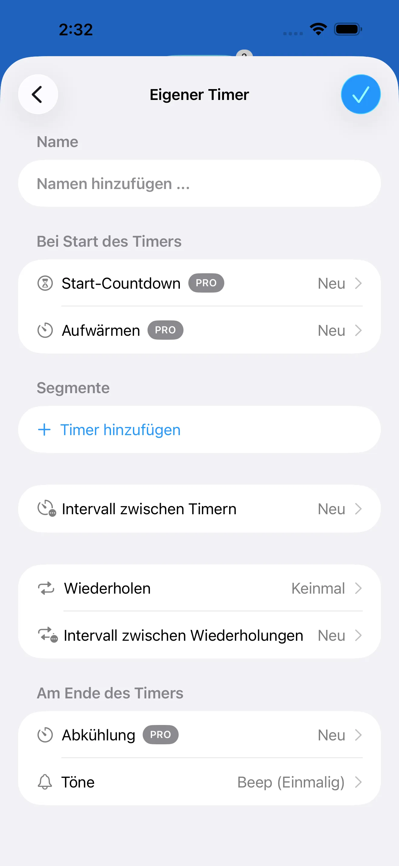 Custom interval timer editor with segment controls