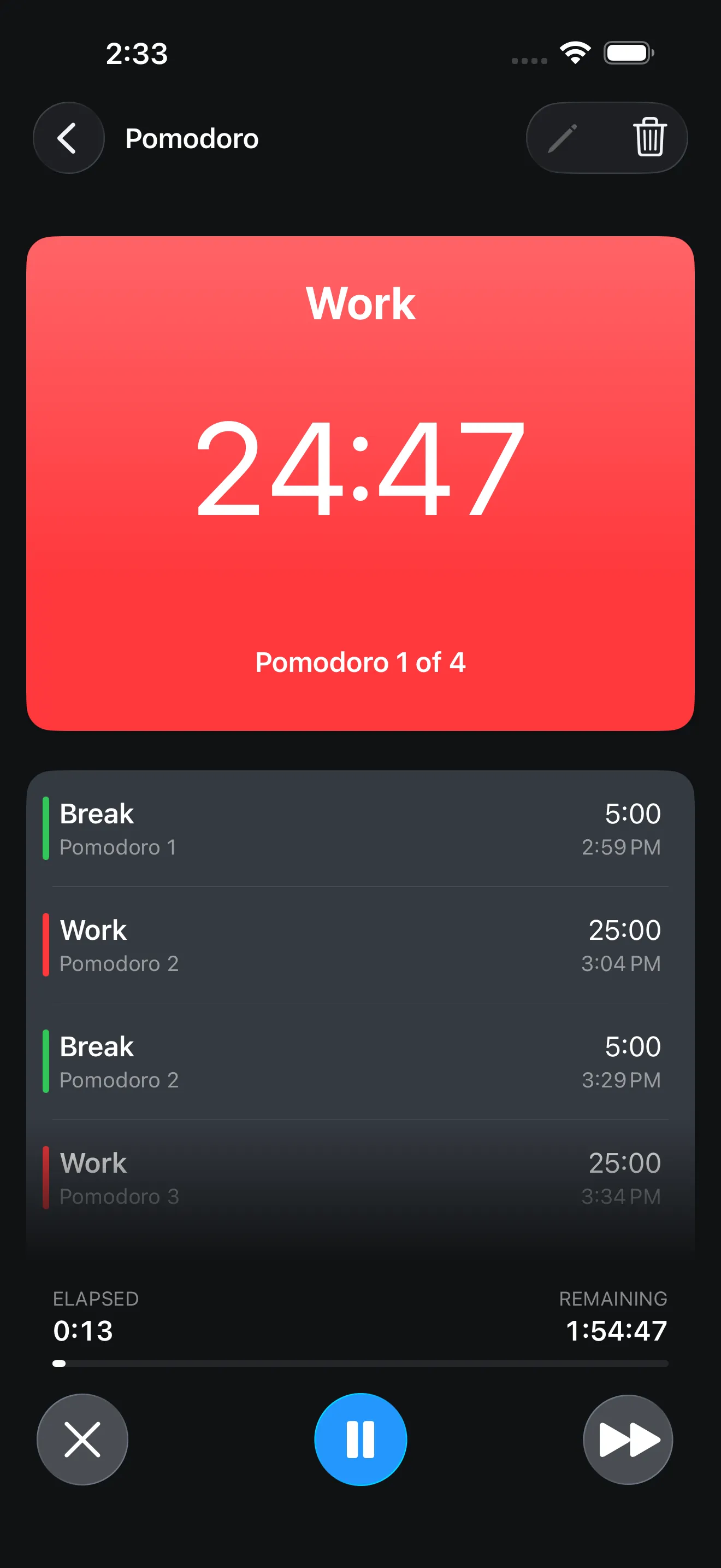 Pomodoro timer running in focus mode