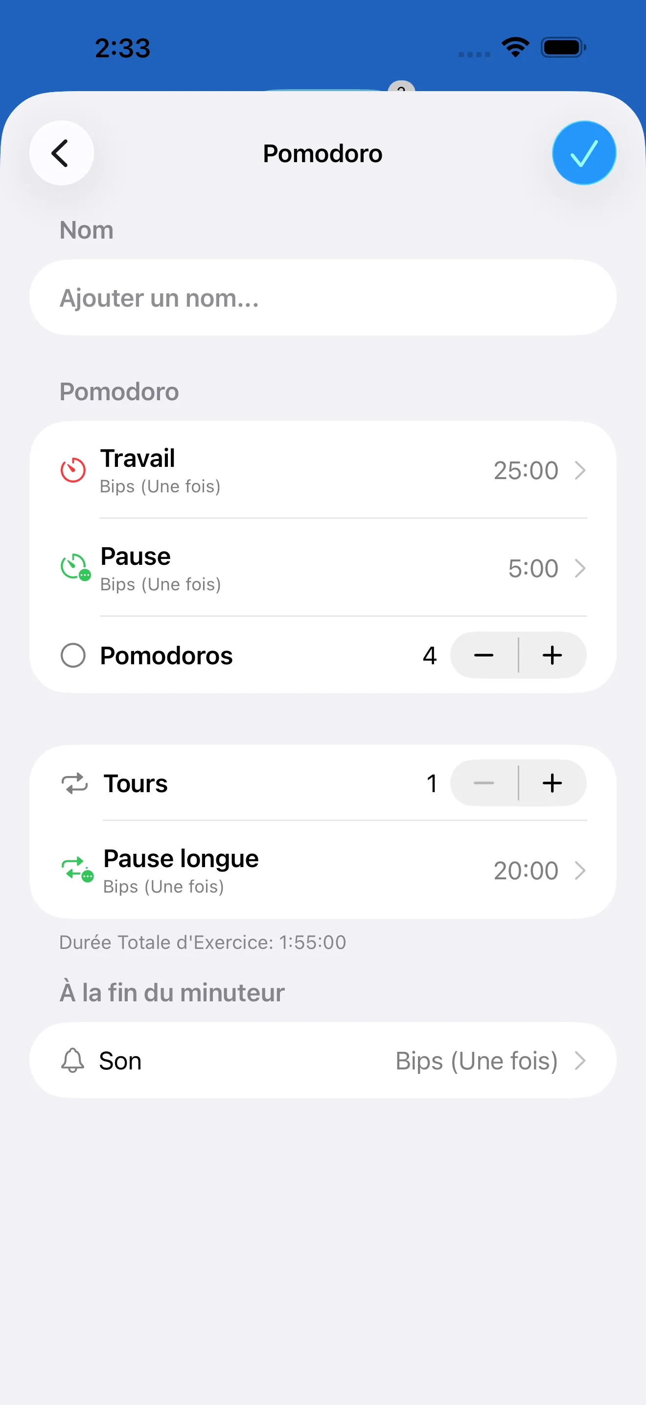 Pomodoro timer editor with work and break intervals