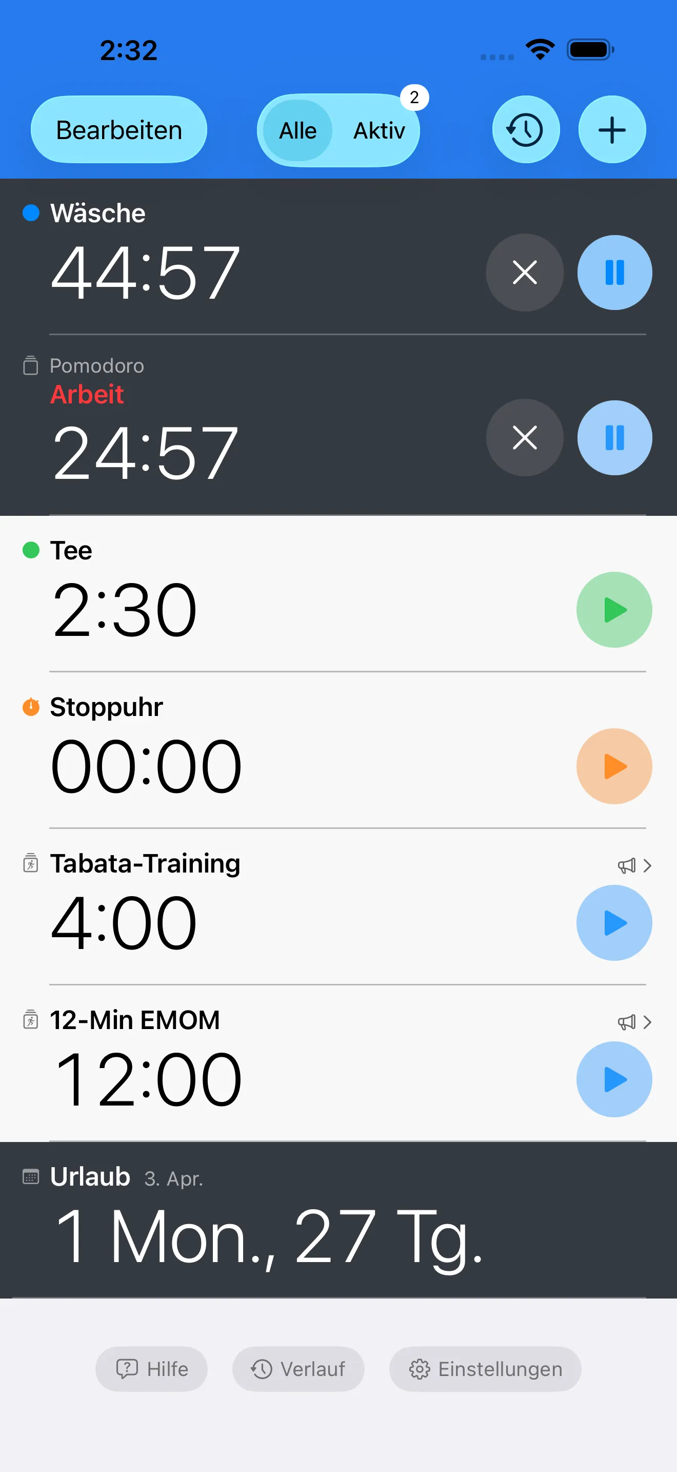 Timer list showing multiple active timers and a stopwatch
