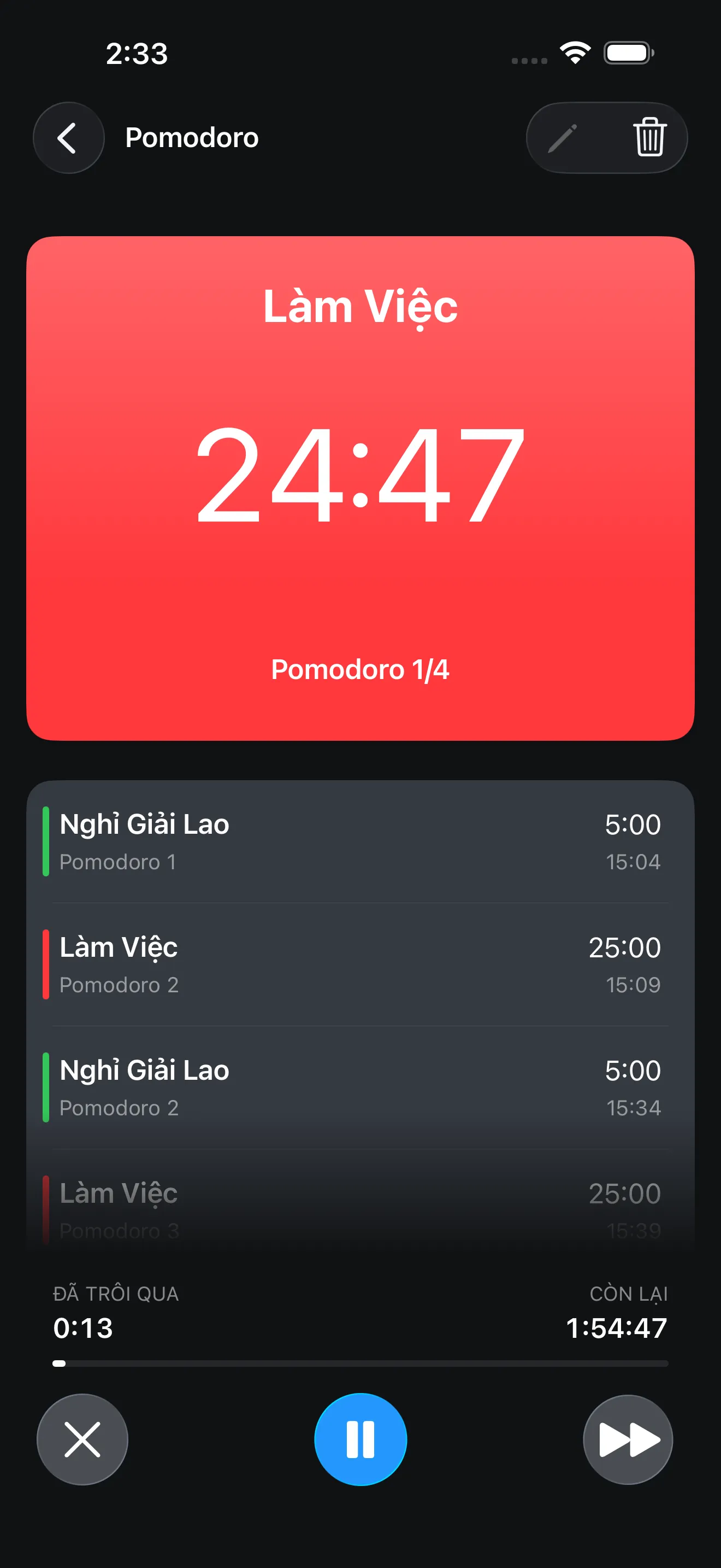Pomodoro timer running in focus mode
