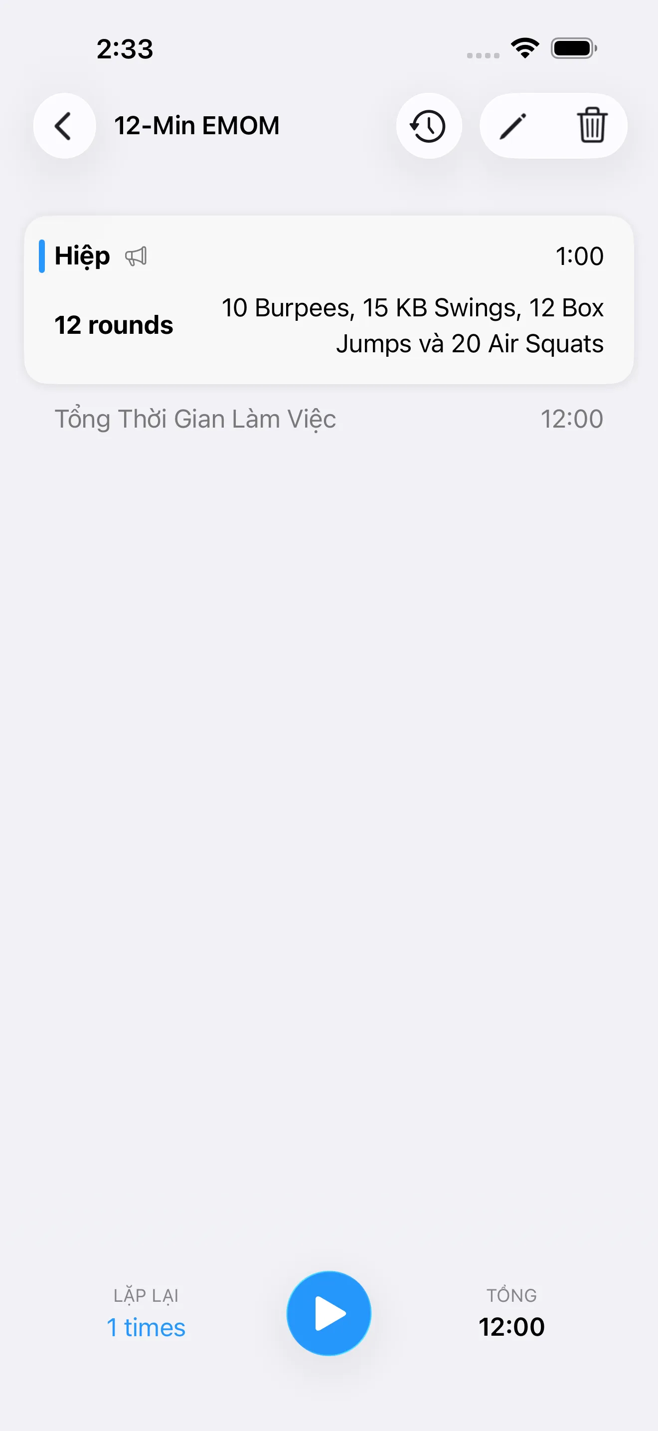 EMOM timer setup screen before starting