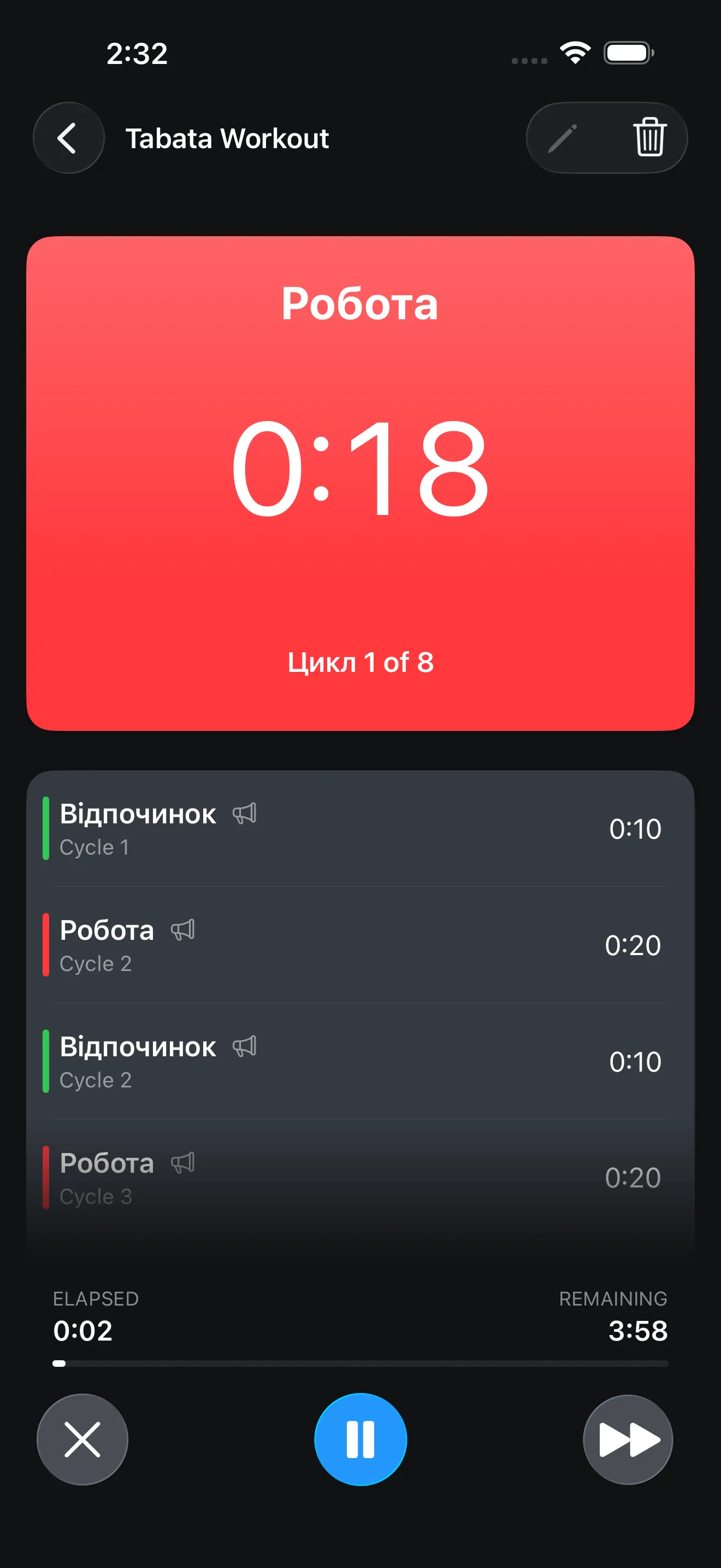Tabata timer running during a HIIT interval