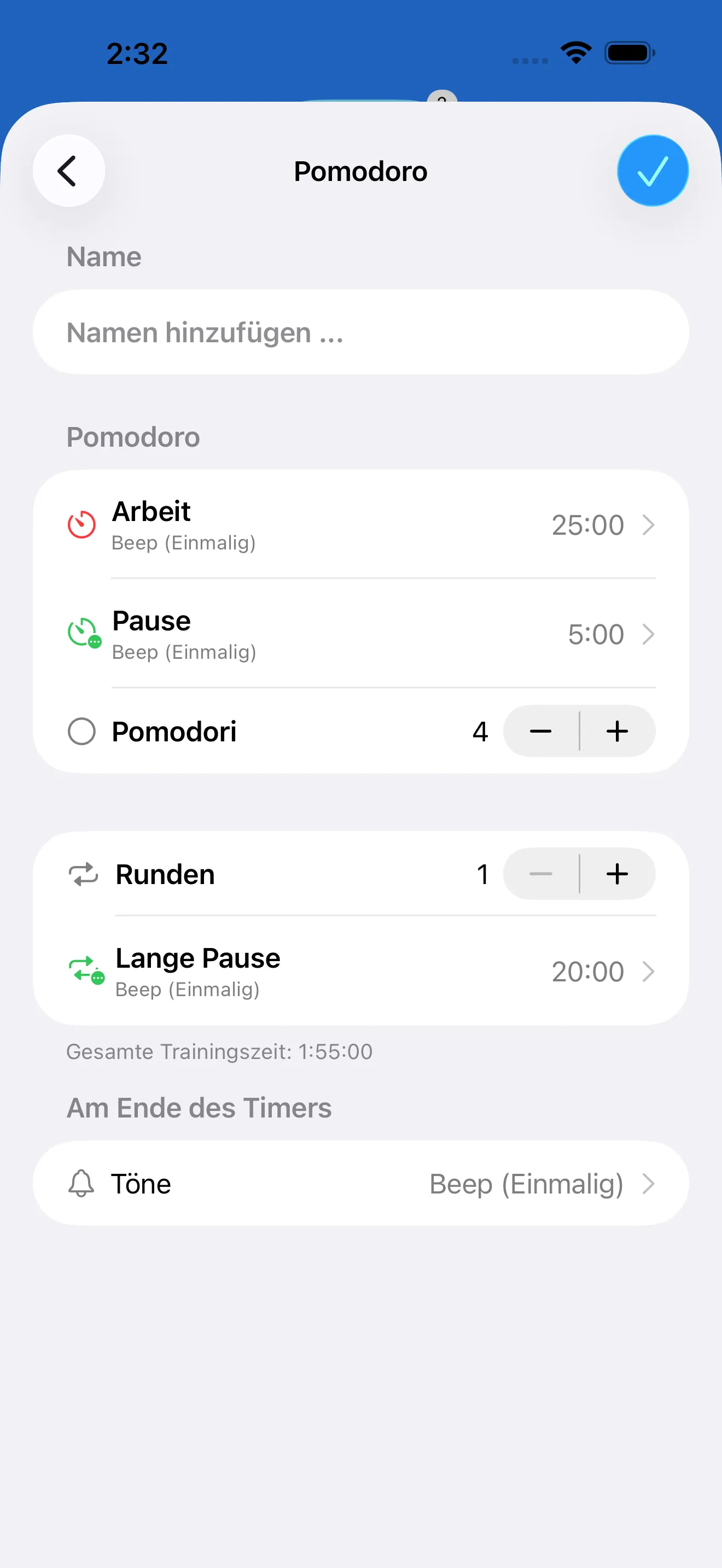 Pomodoro timer editor with work and break intervals