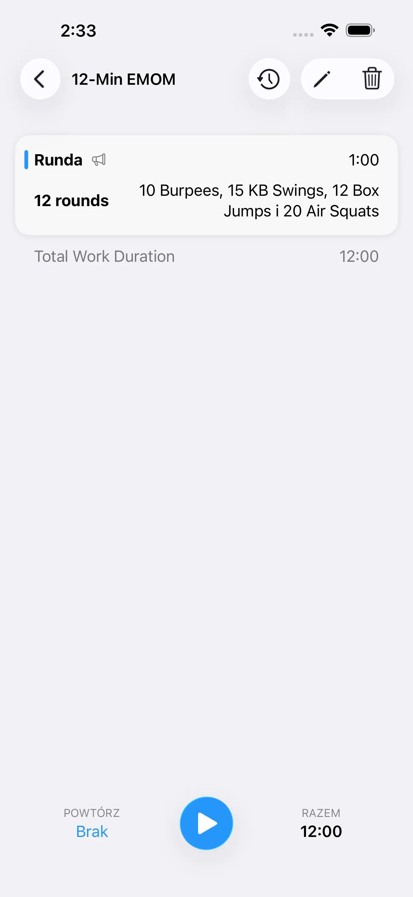 EMOM timer setup screen before starting