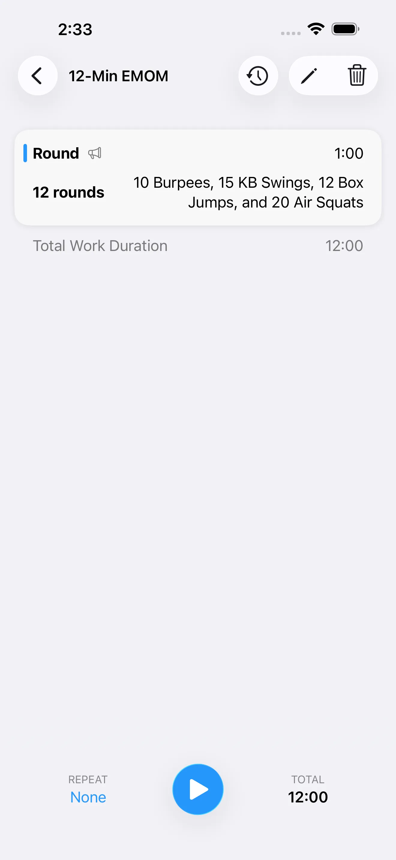 EMOM timer setup screen before starting