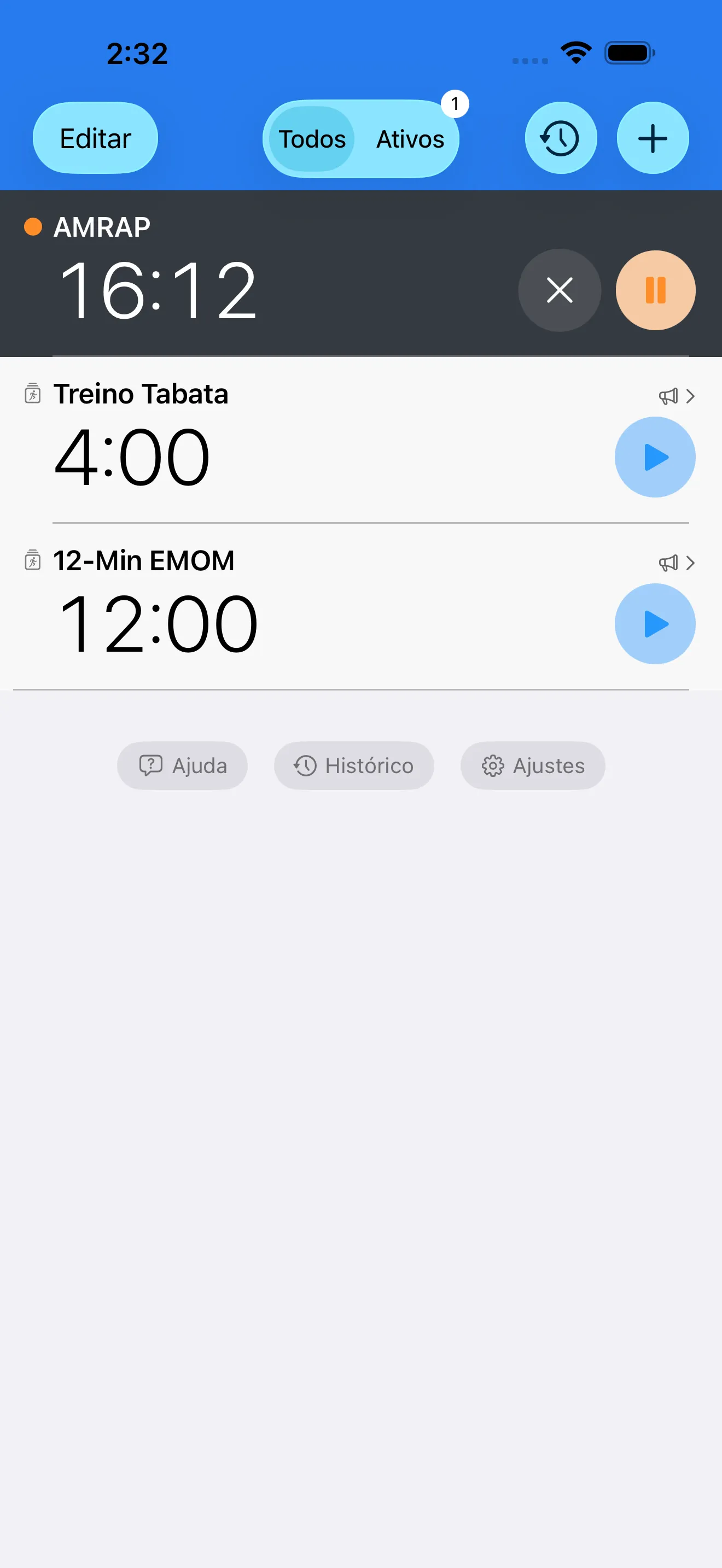 CrossFit timer list with EMOM, AMRAP, and Tabata presets