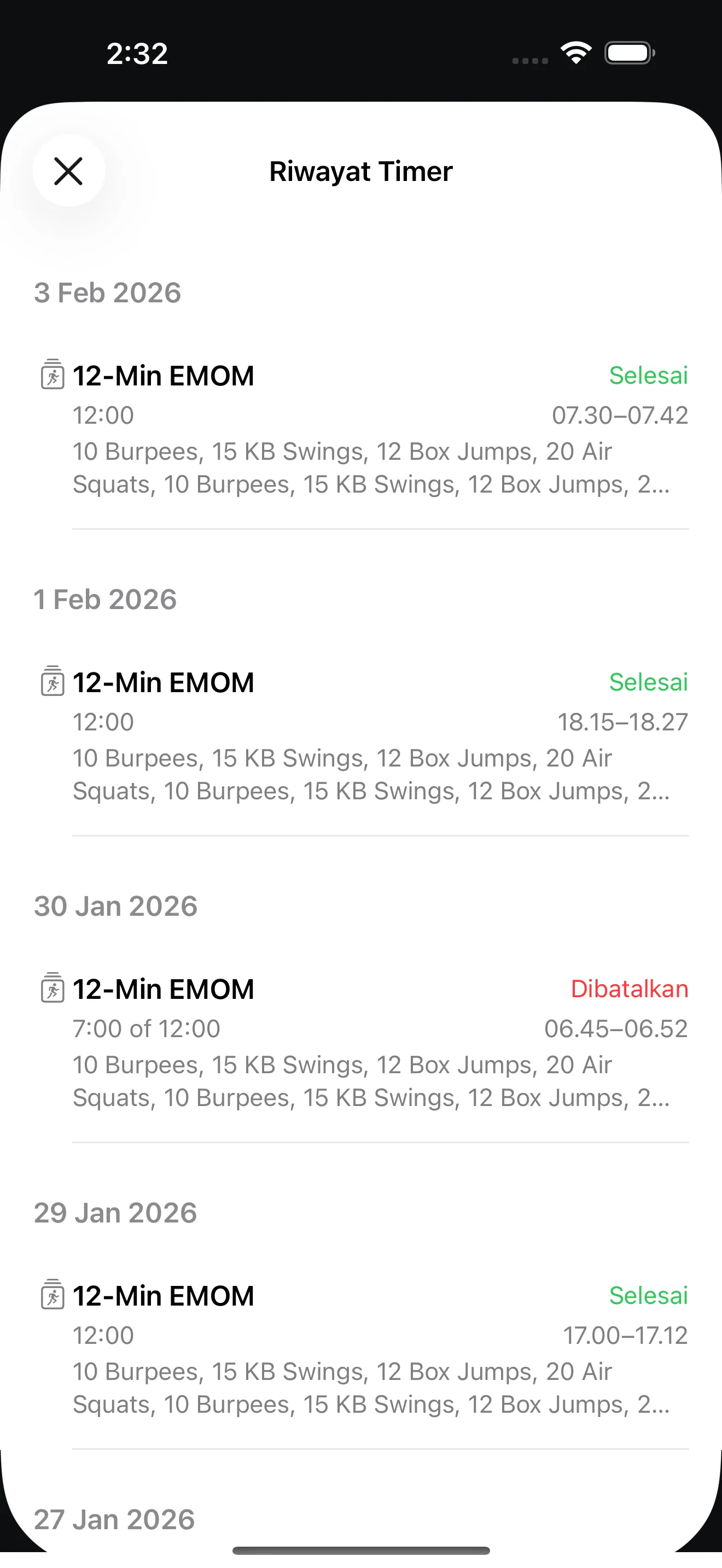 EMOM timer history view