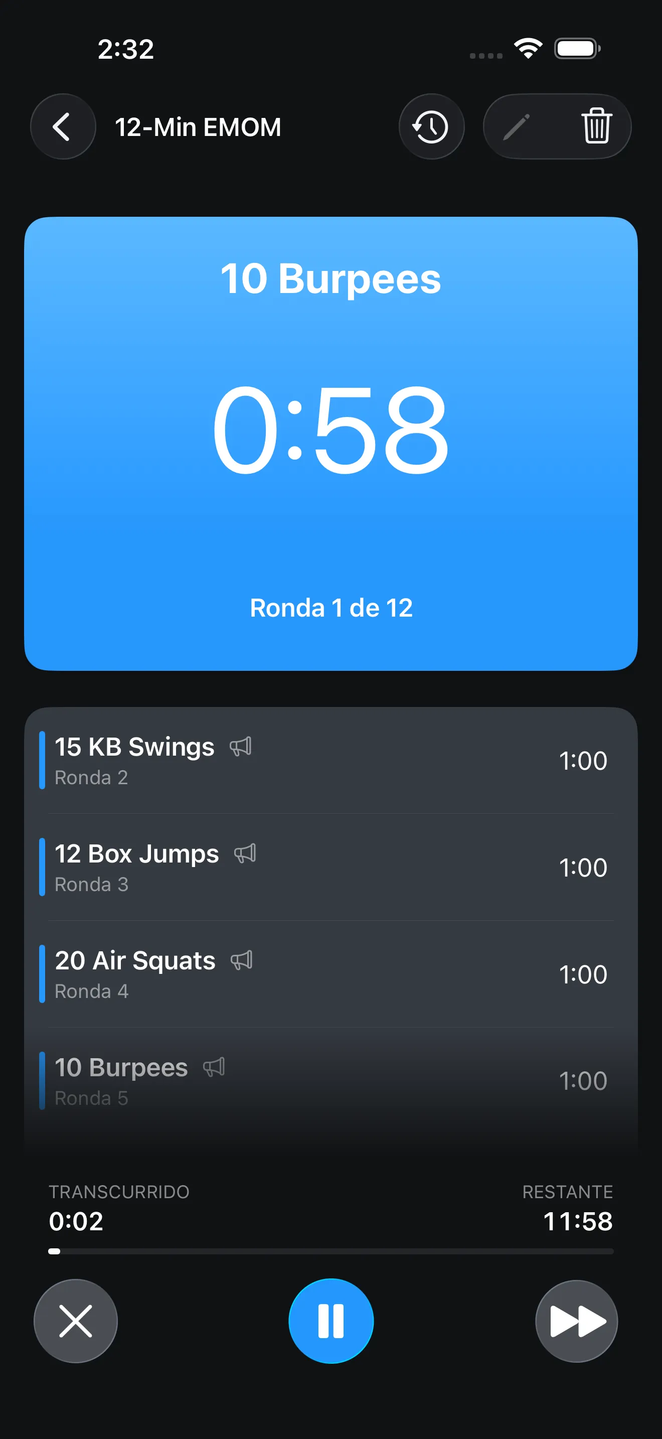 EMOM timer running with current round state