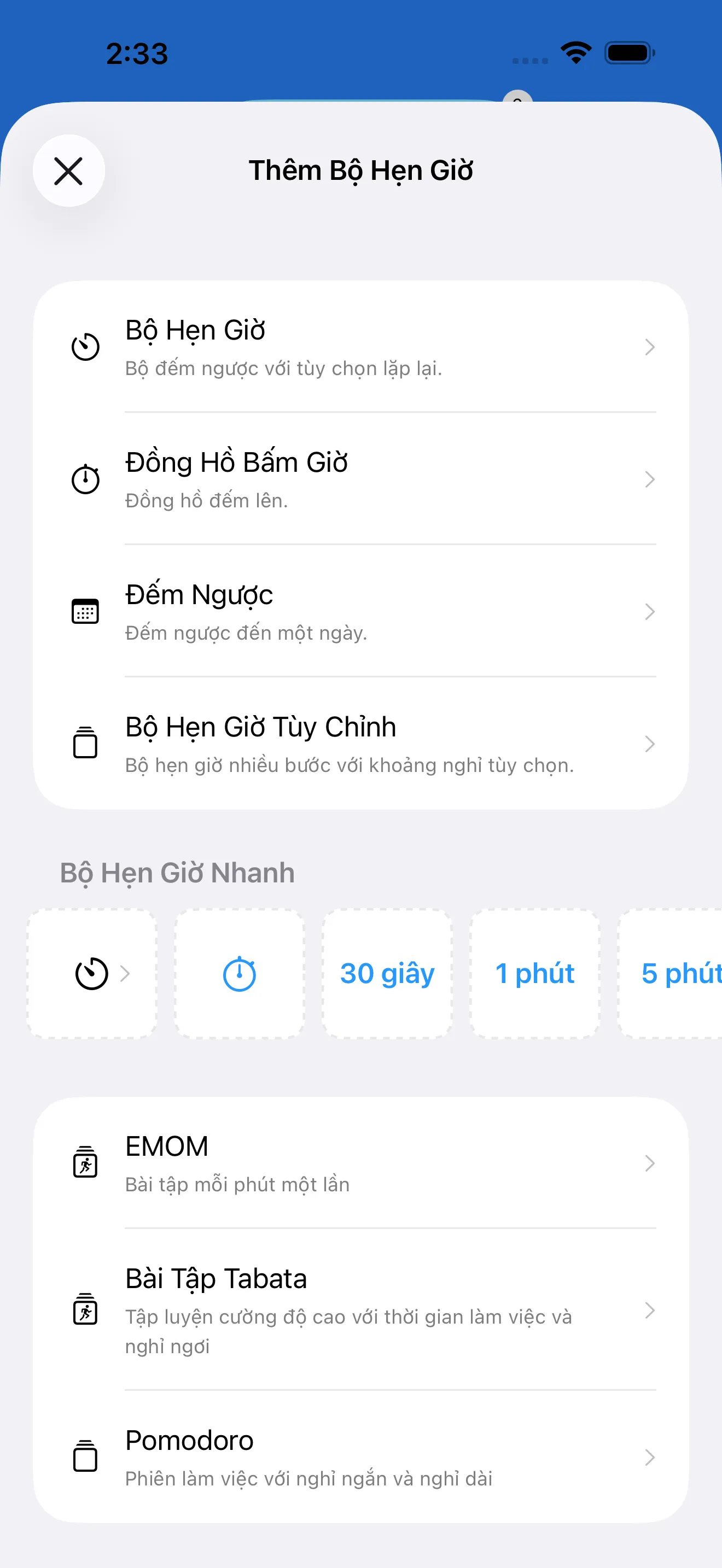 Timer catalog with ready-made timer templates