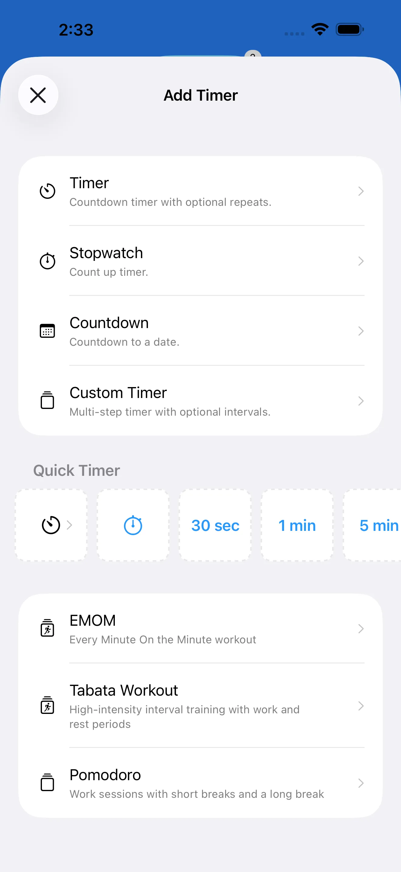 Timer catalog with ready-made timer templates