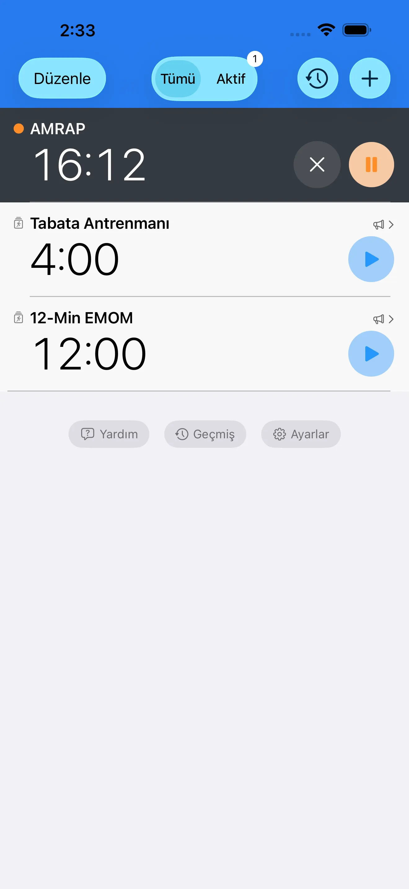CrossFit timer list with EMOM, AMRAP, and Tabata presets