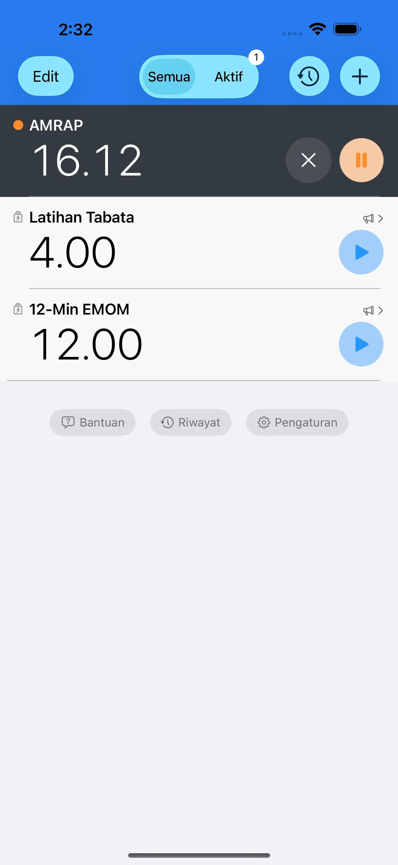 CrossFit timer list with EMOM, AMRAP, and Tabata presets