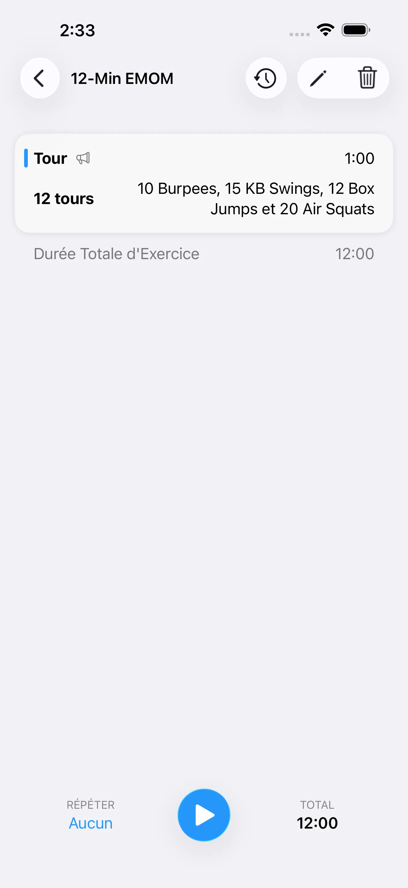 EMOM timer setup screen before starting