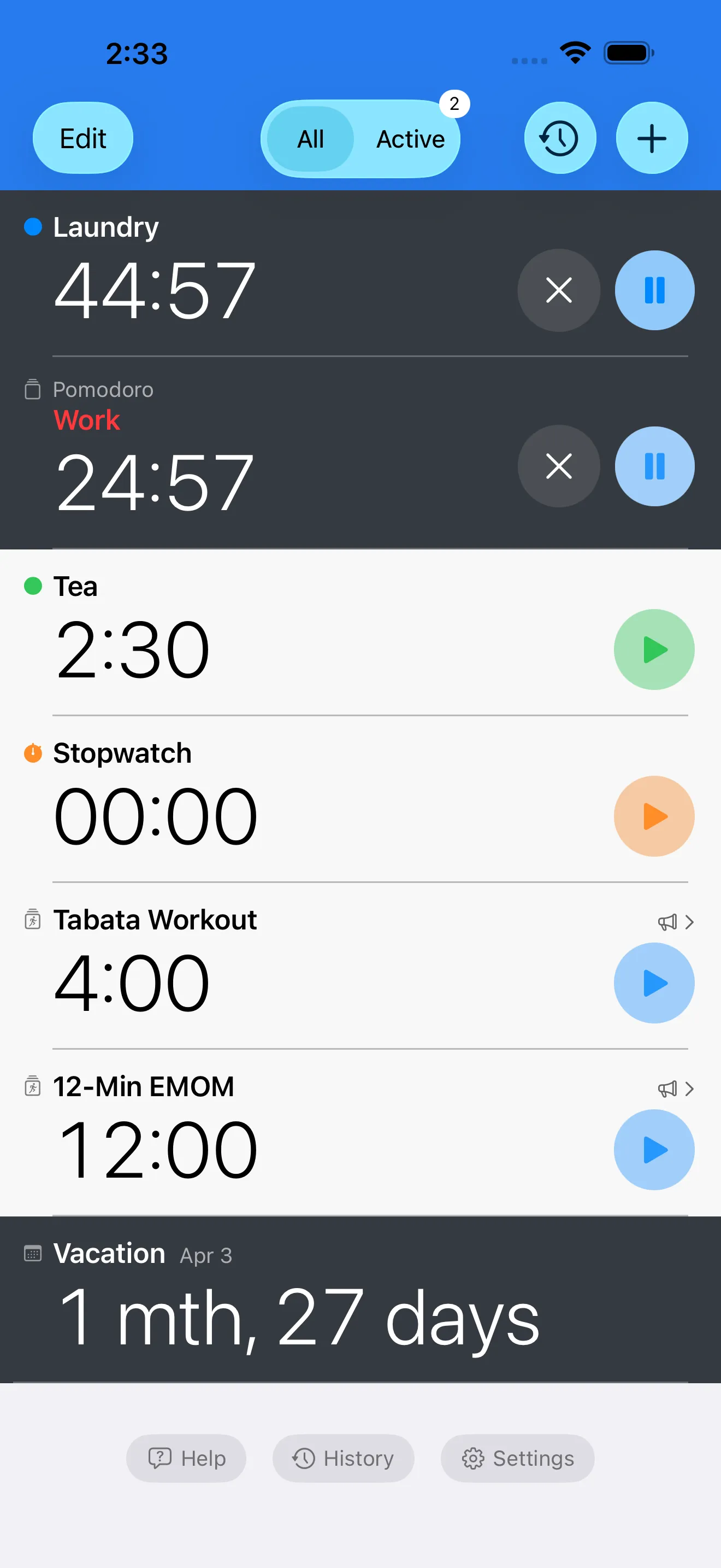 Timer list showing multiple active timers and a stopwatch