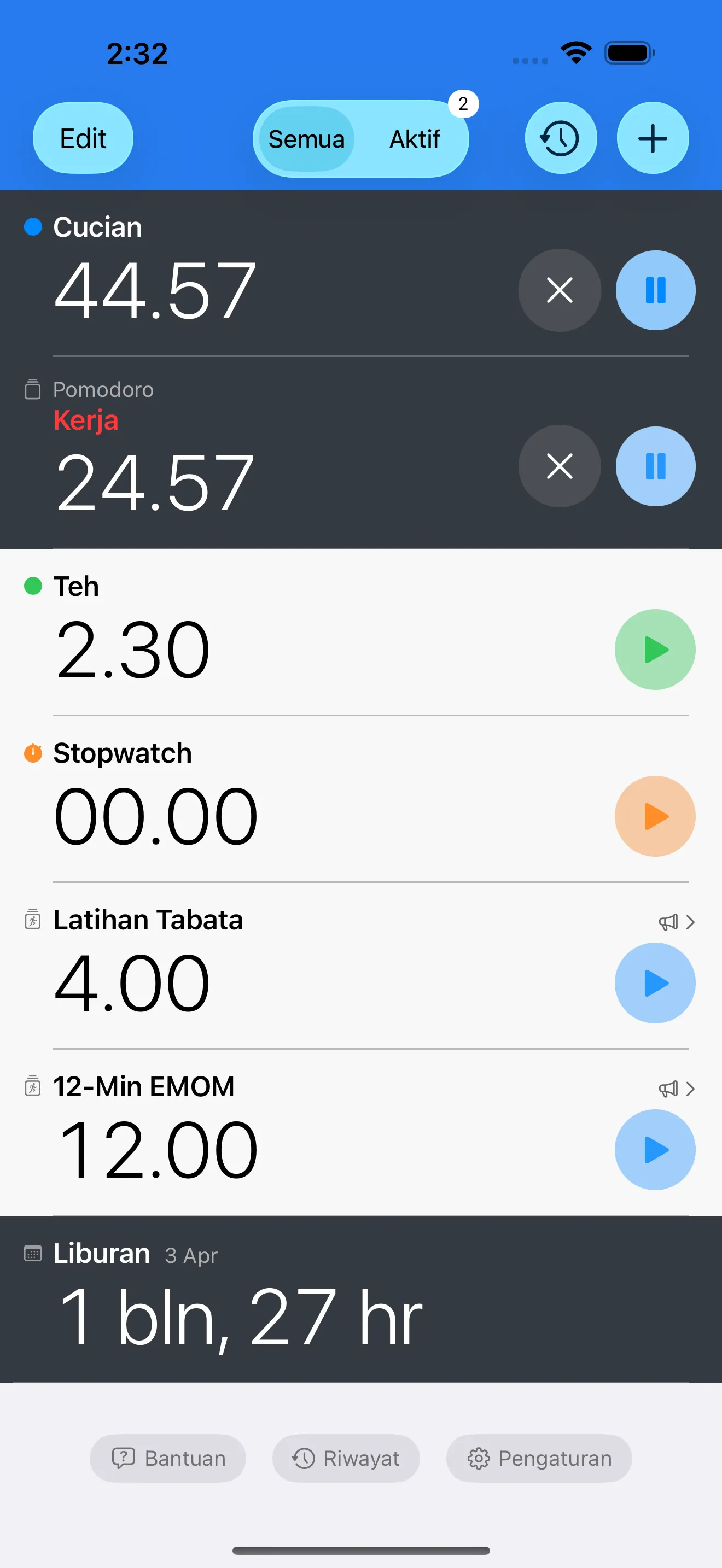 Timer list showing multiple active timers and a stopwatch