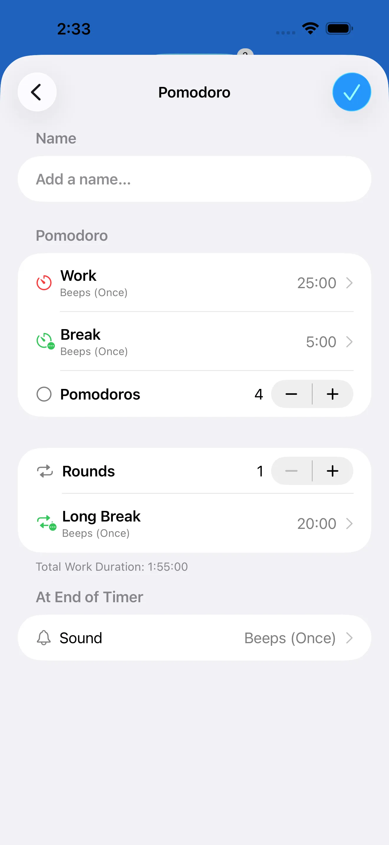 Pomodoro timer editor with work and break intervals
