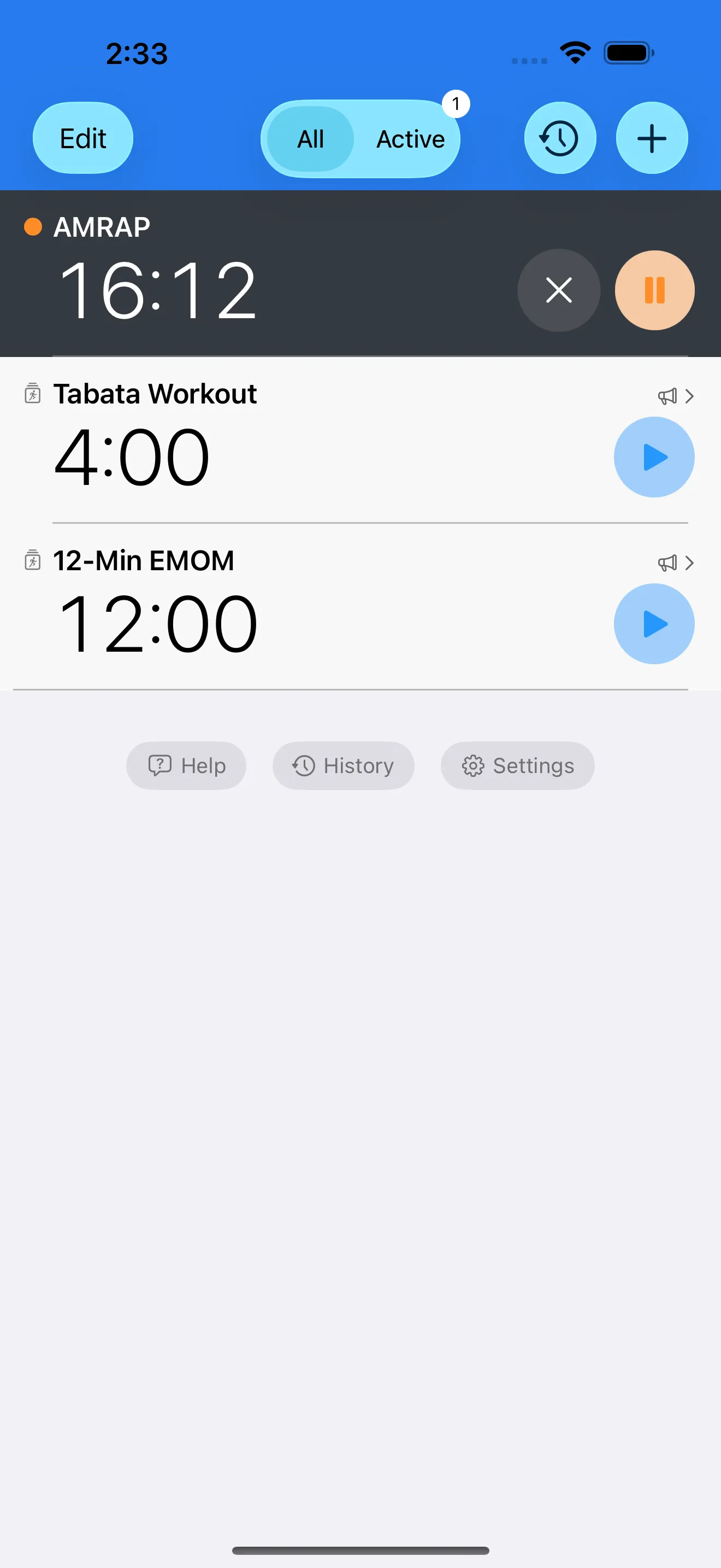 CrossFit timer list with EMOM, AMRAP, and Tabata presets